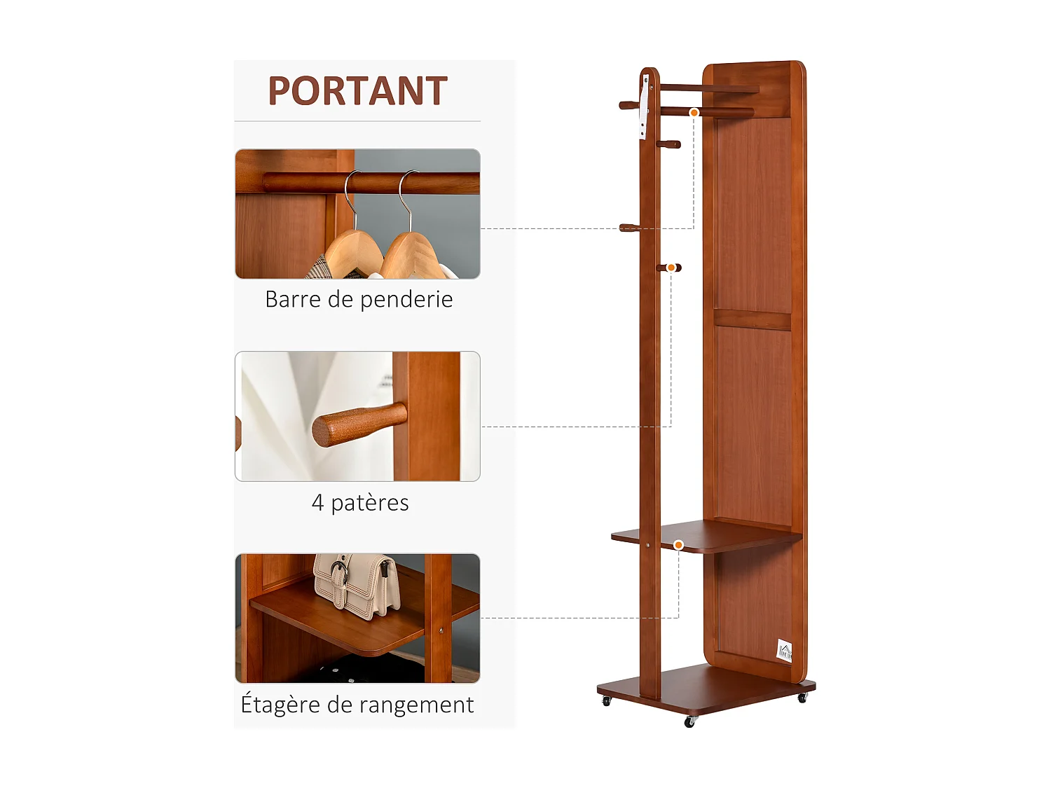 Miroir sur pied avec roulettes - portant, 4 patères étagère MDF aspect noyer