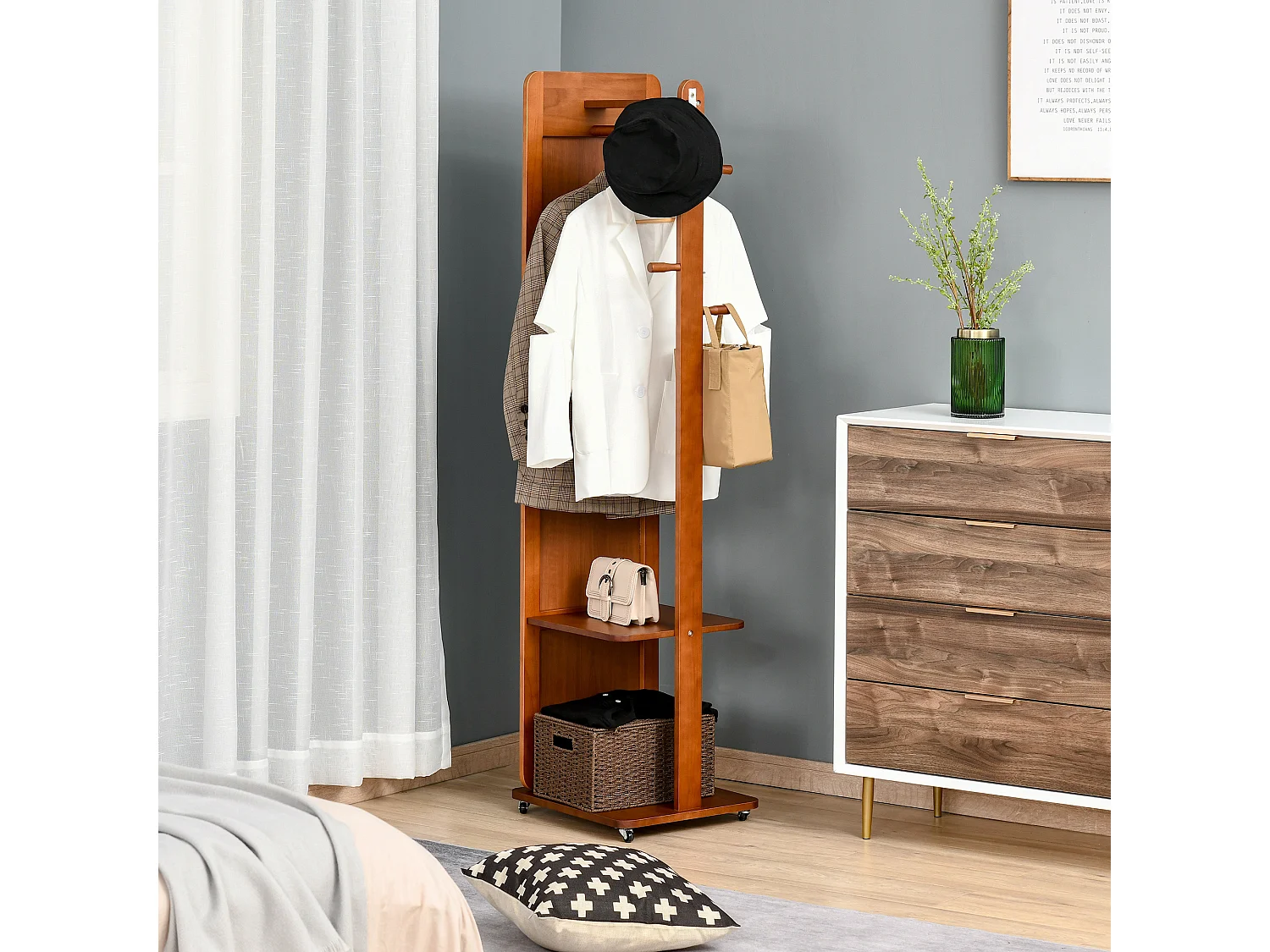 Miroir sur pied avec roulettes - portant, 4 patères étagère MDF aspect noyer