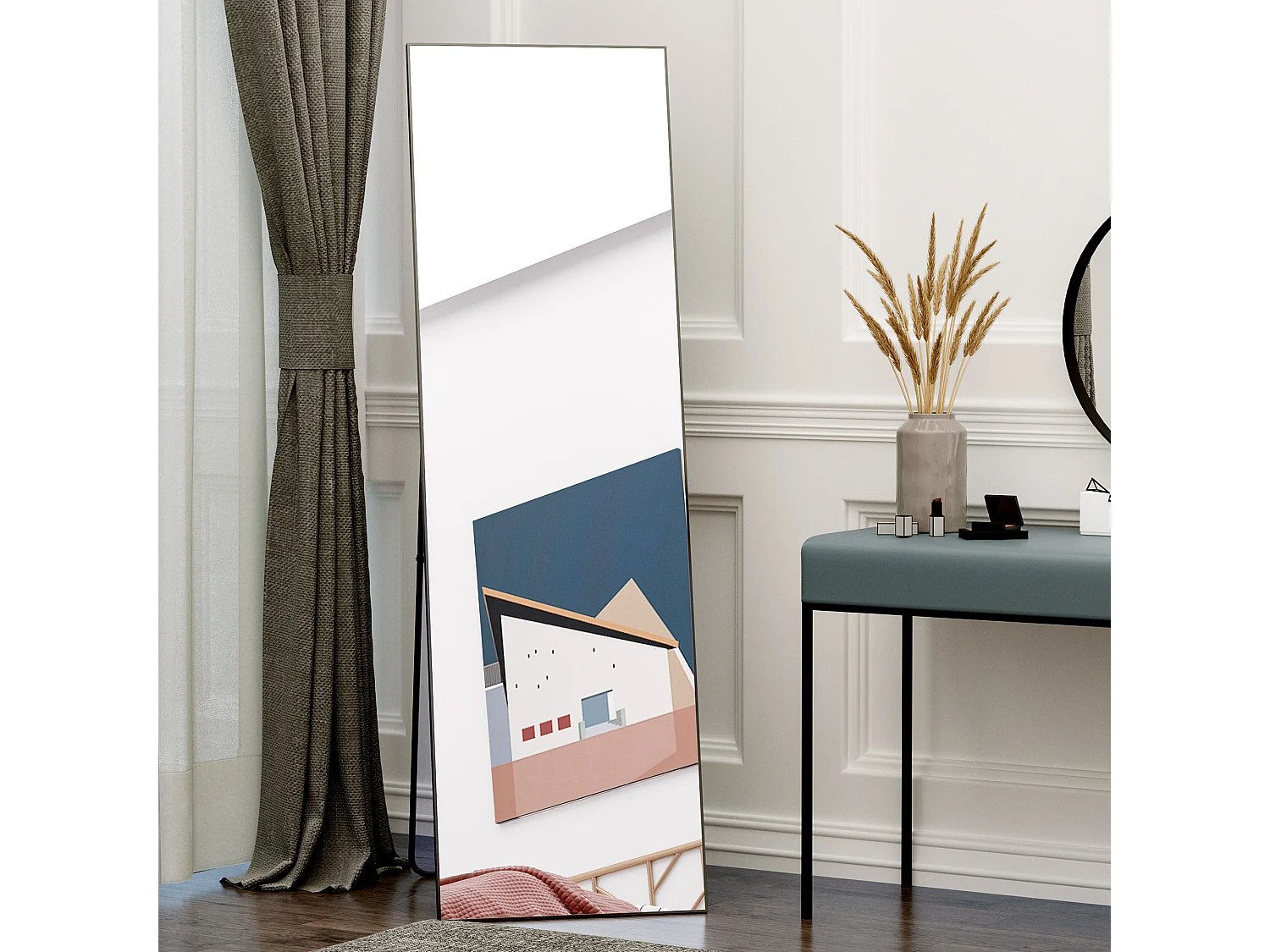 Miroir sur pied ou mural rectangulaire grande taille dim. 50L x 37l x 158H cm verre métal noir