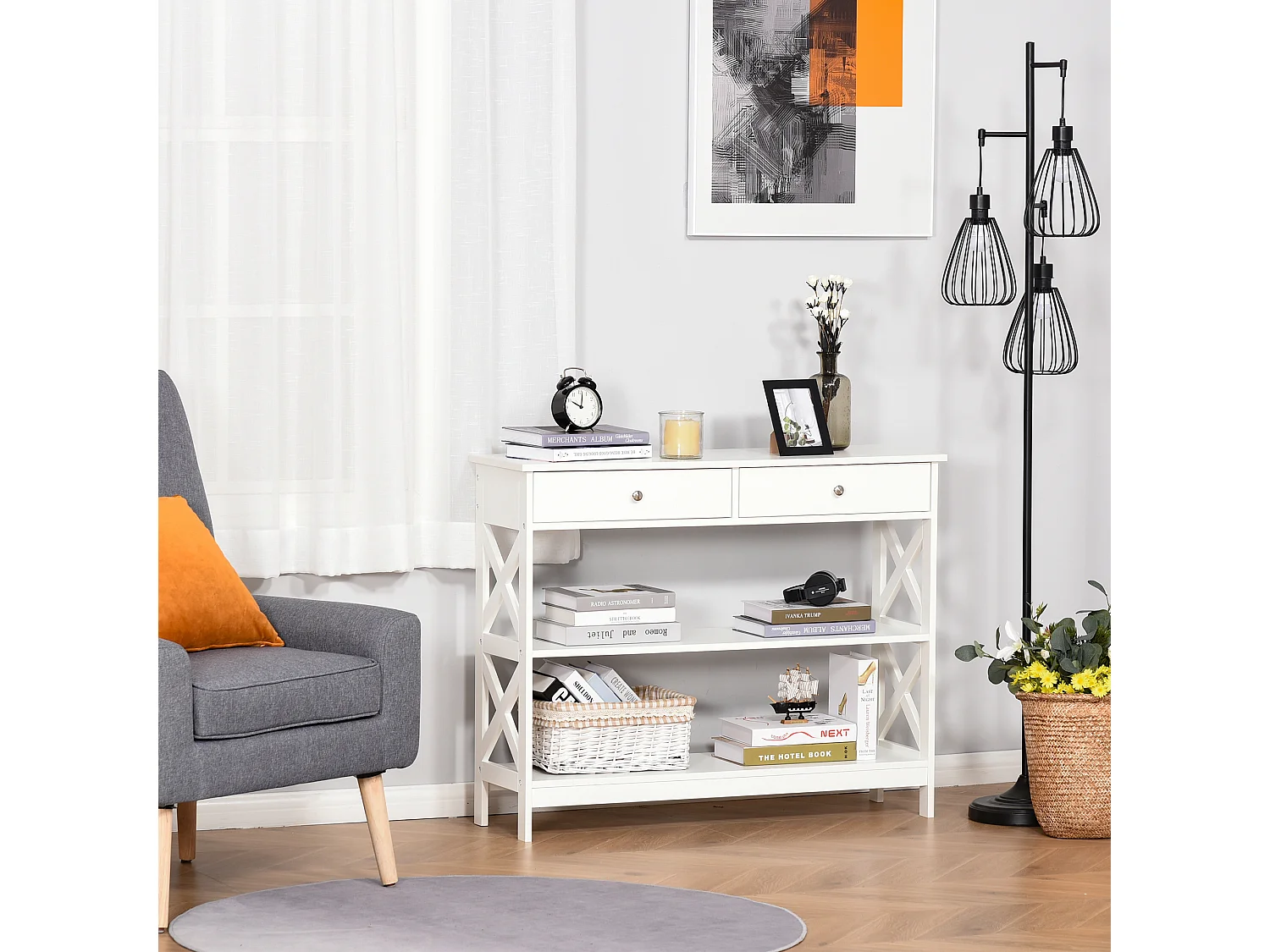 Console style table de drapier néo-rétro 2 tiroirs 2 étagères dim. 100L x 30l x 80H cm MDF blanc