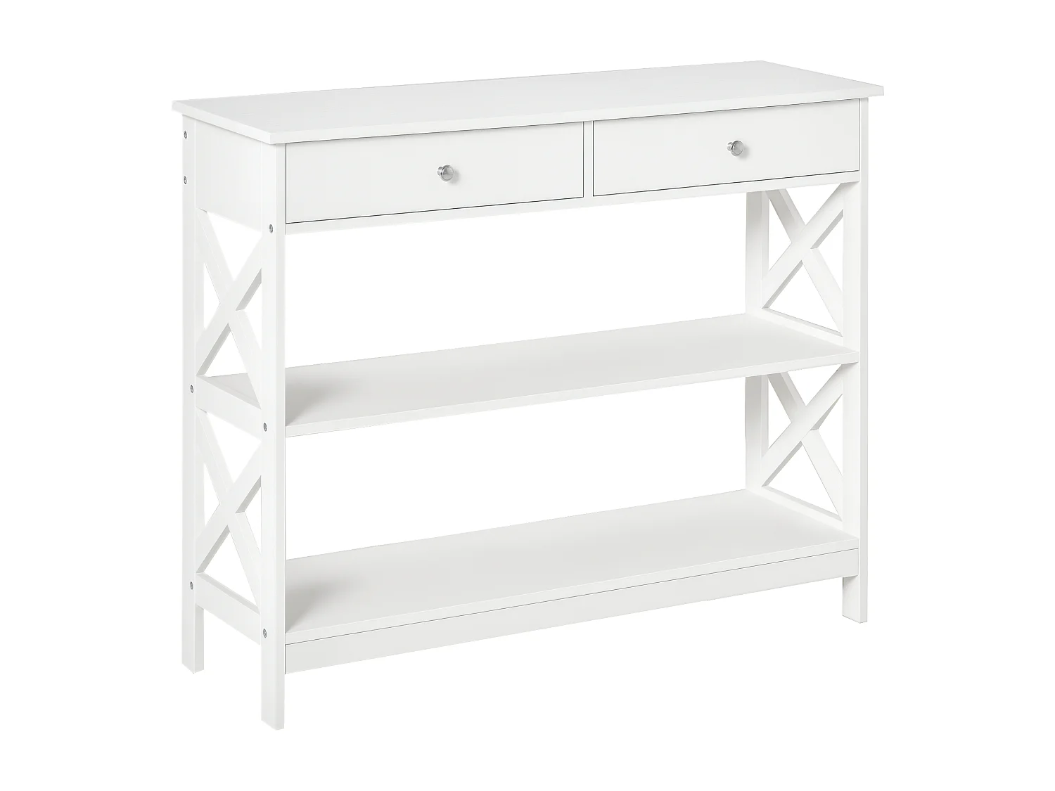 Console style table de drapier néo-rétro 2 tiroirs 2 étagères dim. 100L x 30l x 80H cm MDF blanc