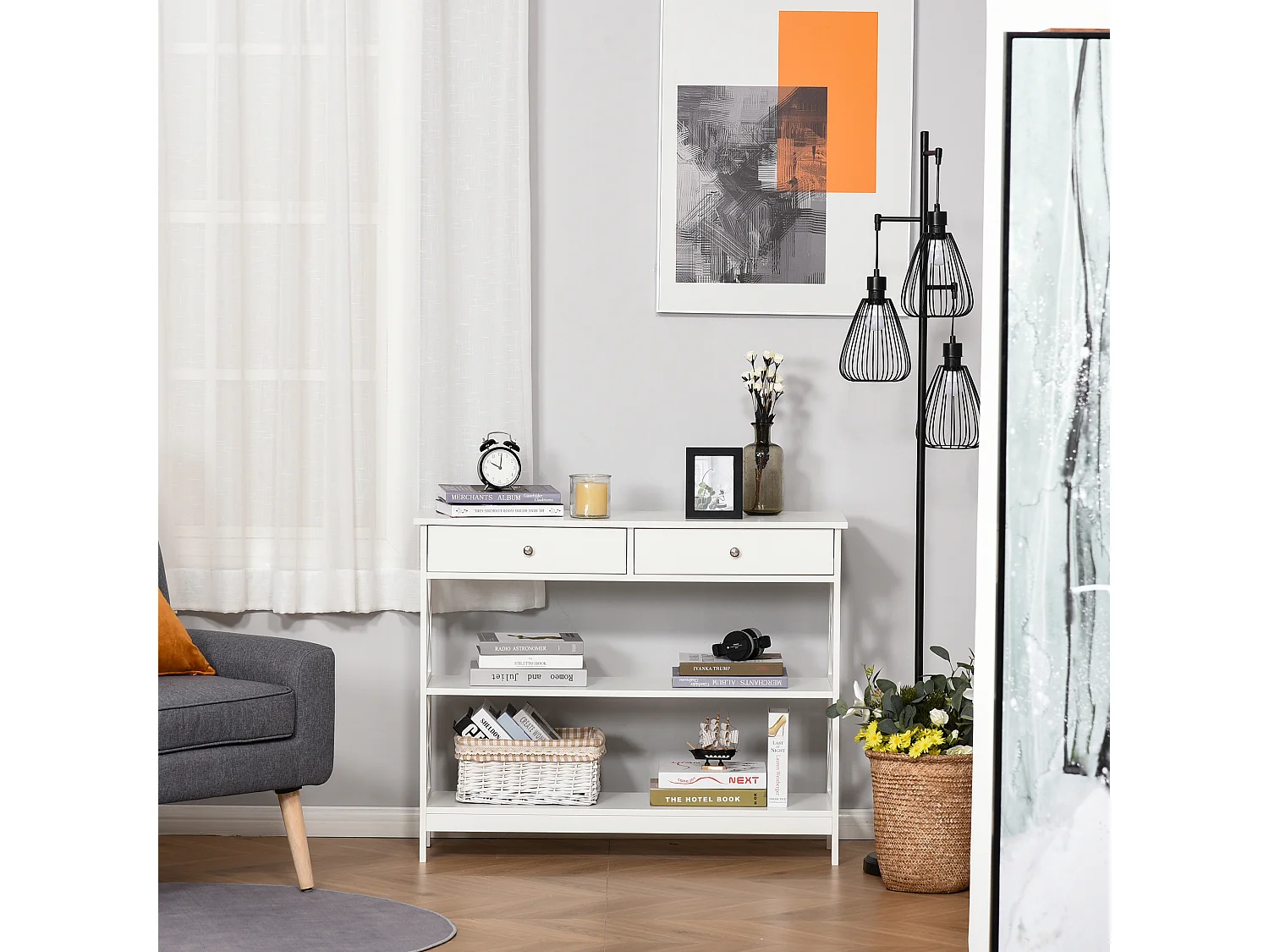 Console style table de drapier néo-rétro 2 tiroirs 2 étagères dim. 100L x 30l x 80H cm MDF blanc