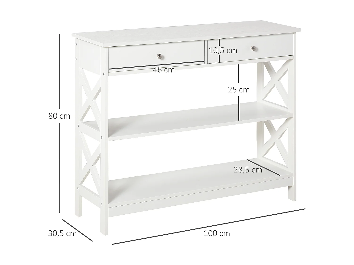 Console style table de drapier néo-rétro 2 tiroirs 2 étagères dim. 100L x 30l x 80H cm MDF blanc