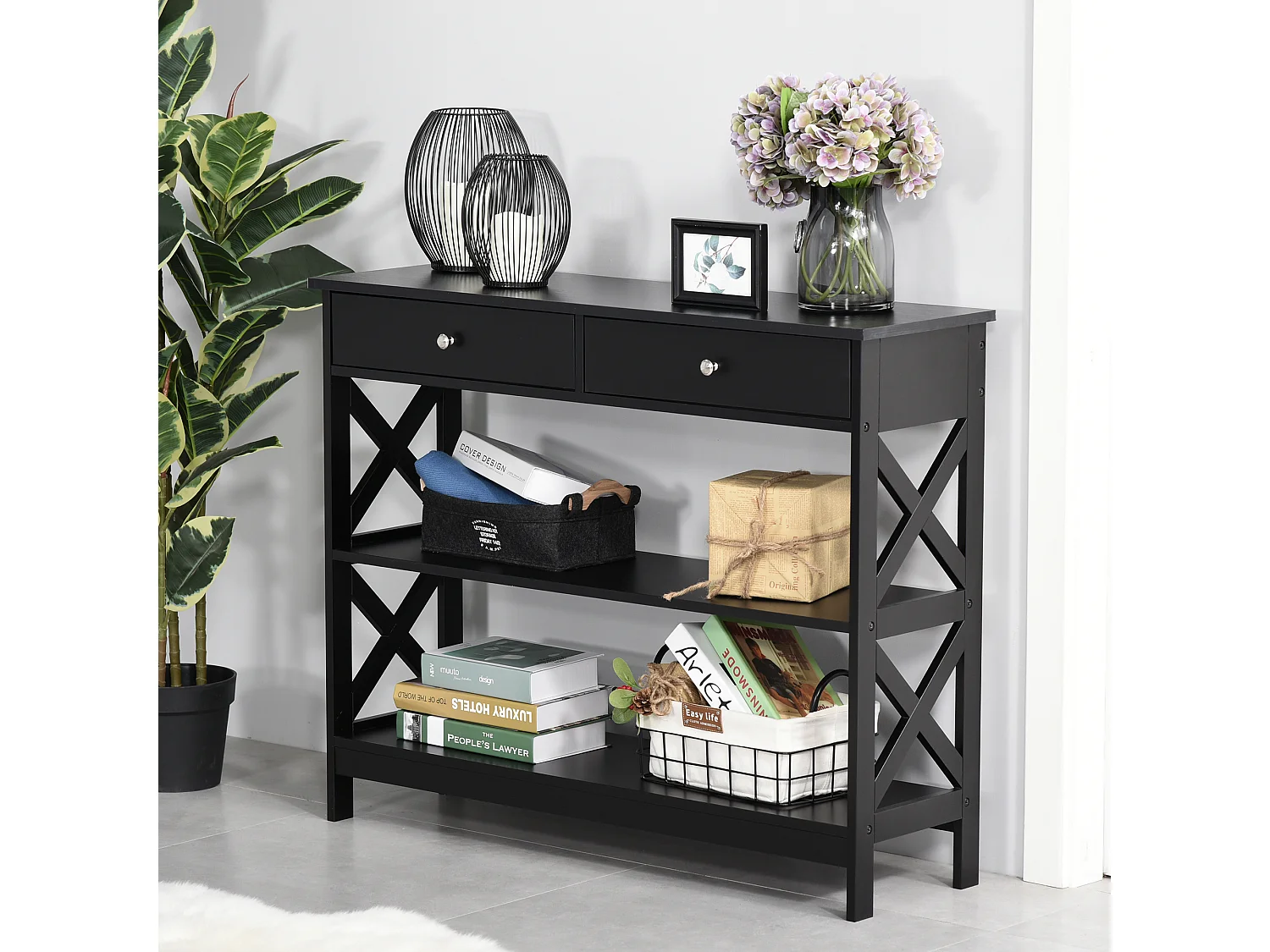 Console style table de drapier néo-rétro 2 tiroirs 2 étagères dim. 100L x 30l x 80H cm MDF noir