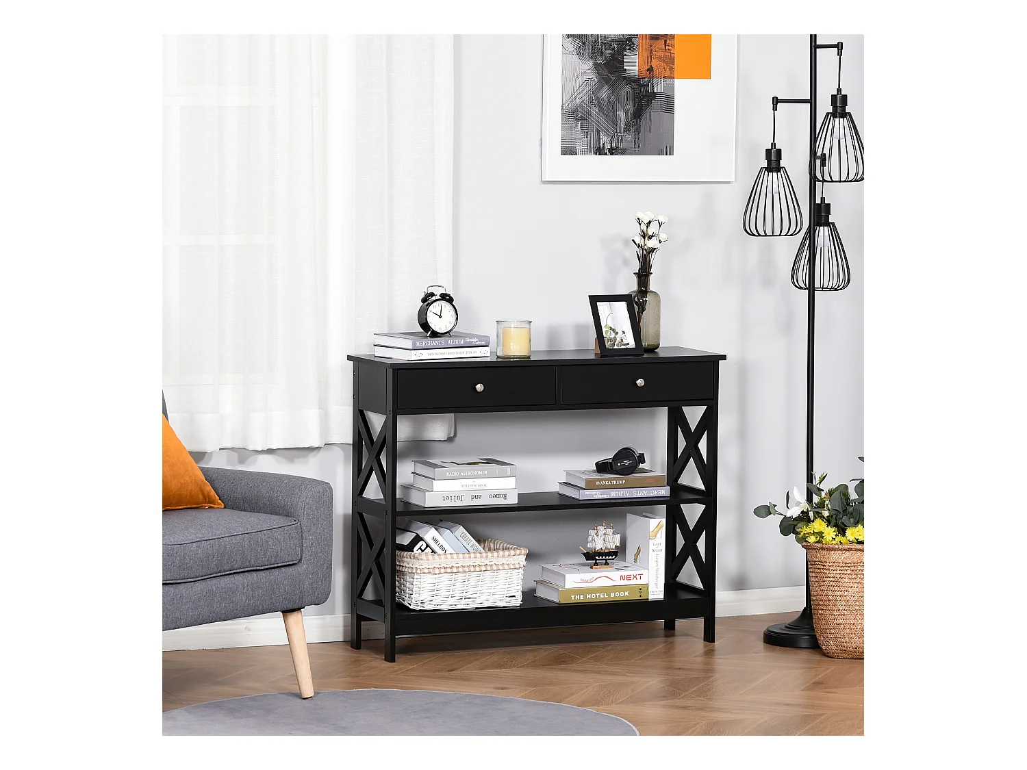Console style table de drapier néo-rétro 2 tiroirs 2 étagères dim. 100L x 30l x 80H cm MDF noir