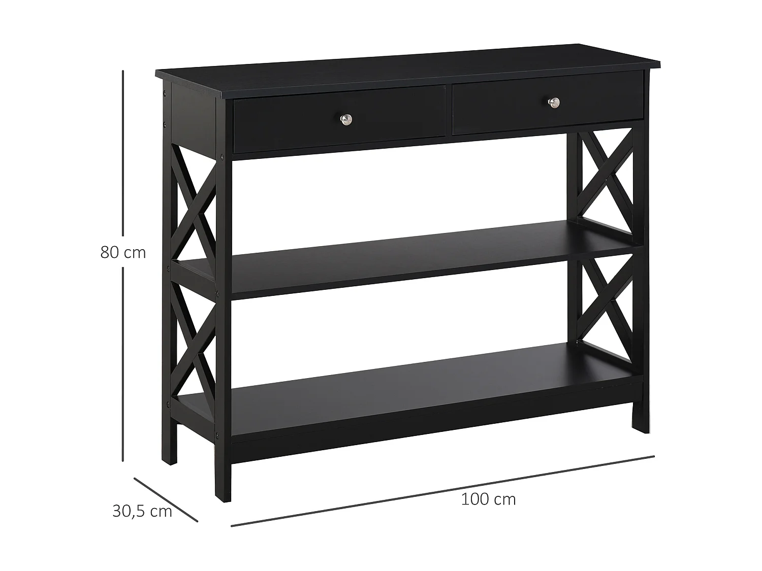 Console style table de drapier néo-rétro 2 tiroirs 2 étagères dim. 100L x 30l x 80H cm MDF noir