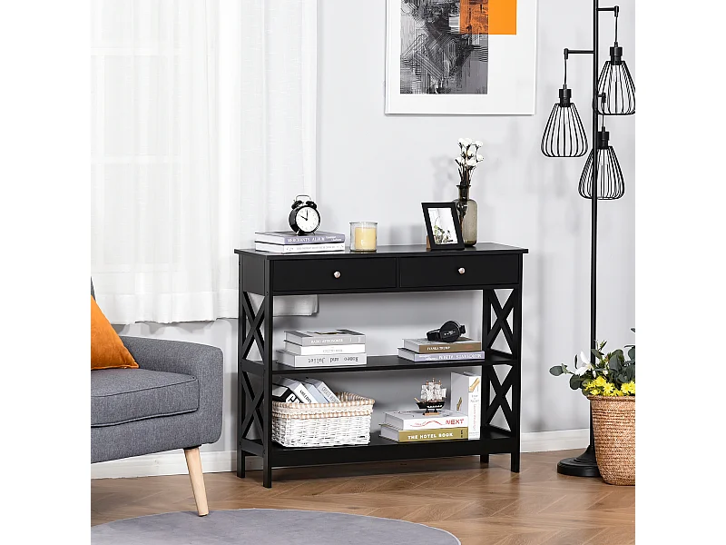 Console style table de drapier néo-rétro 2 tiroirs 2 étagères dim. 100L x 30l x 80H cm MDF noir