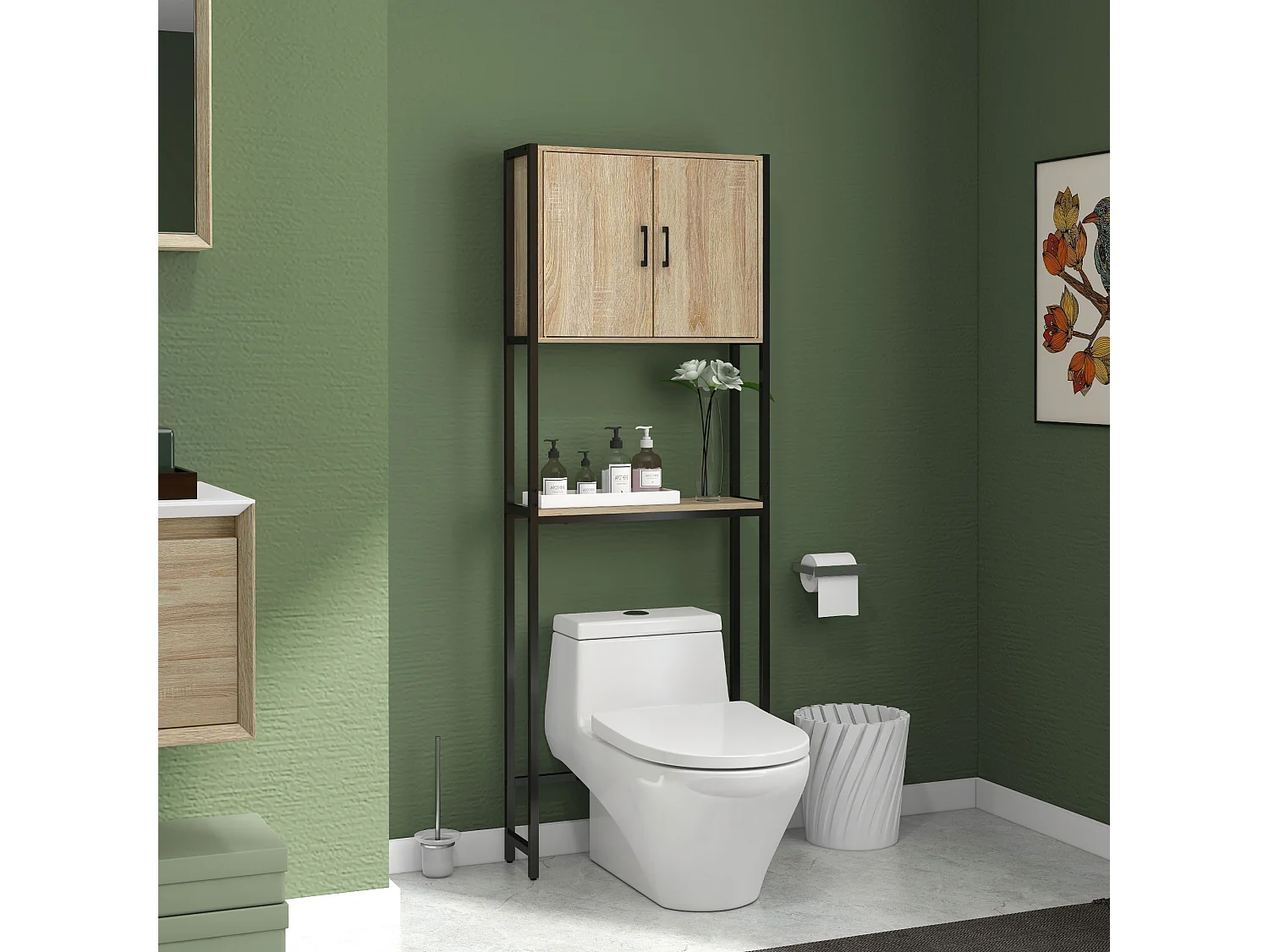 Meuble WC meuble dessus toilettes style industriel 2 portes 2 étagères acier noir aspect chêne clair