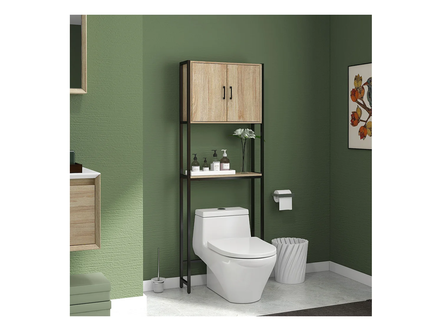 Meuble WC meuble dessus toilettes style industriel 2 portes 2 étagères acier noir aspect chêne clair