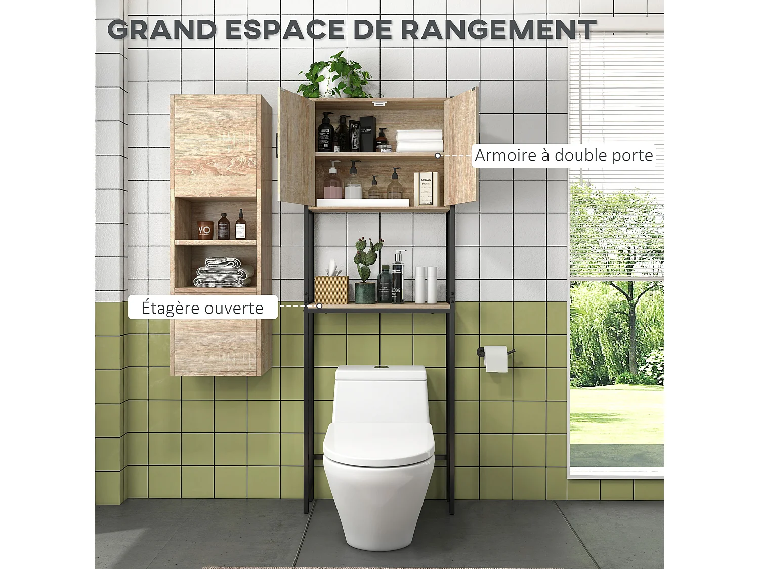 Meuble WC meuble dessus toilettes style industriel 2 portes 2 étagères acier noir aspect chêne clair