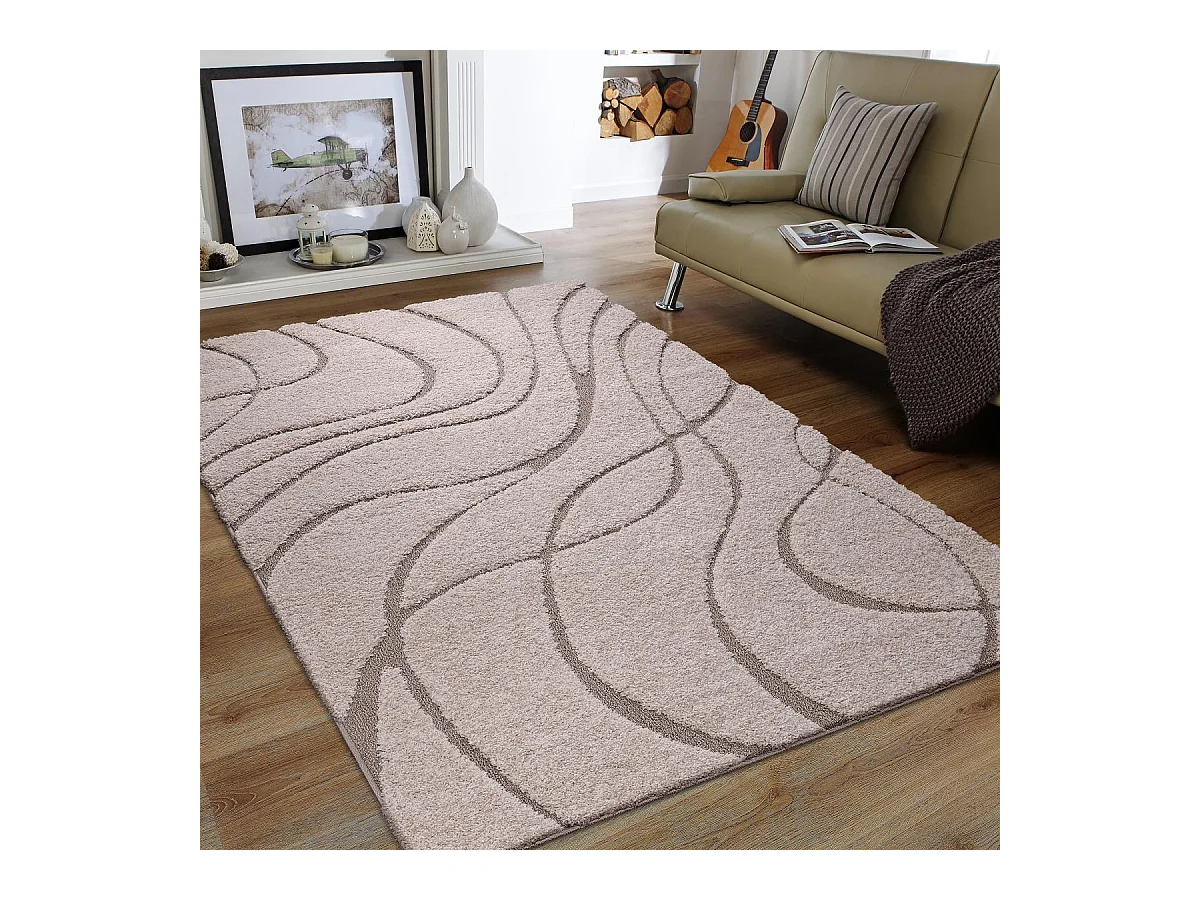 Tapis shaggy 80x150 rectangle tissé beige motif géométrique POUDA