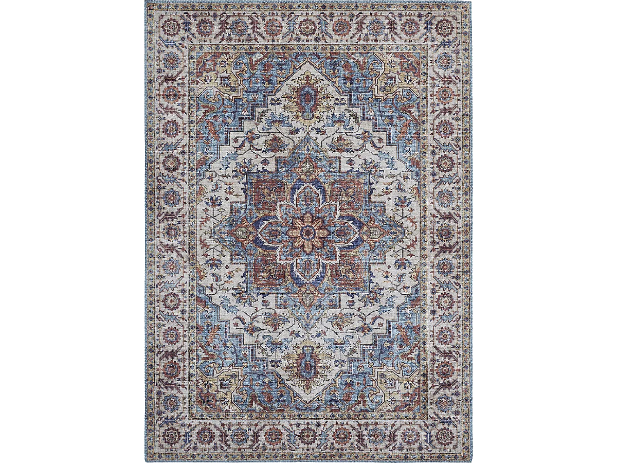 tapis chambre 120x170 tissé bleu et blanc rectangle motif oriental NIKEL