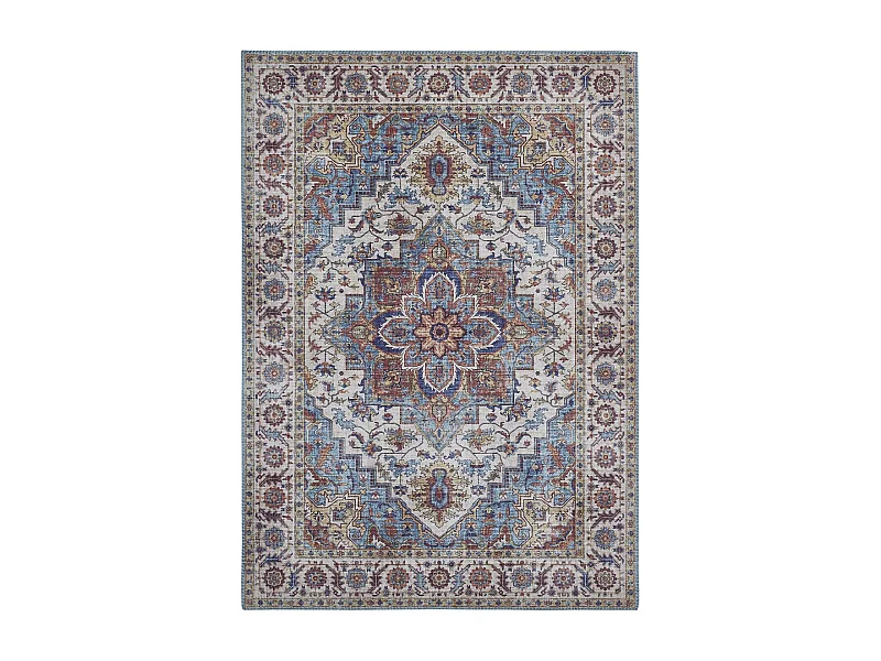 tapis chambre 120x170 tissé bleu et blanc rectangle motif oriental NIKEL