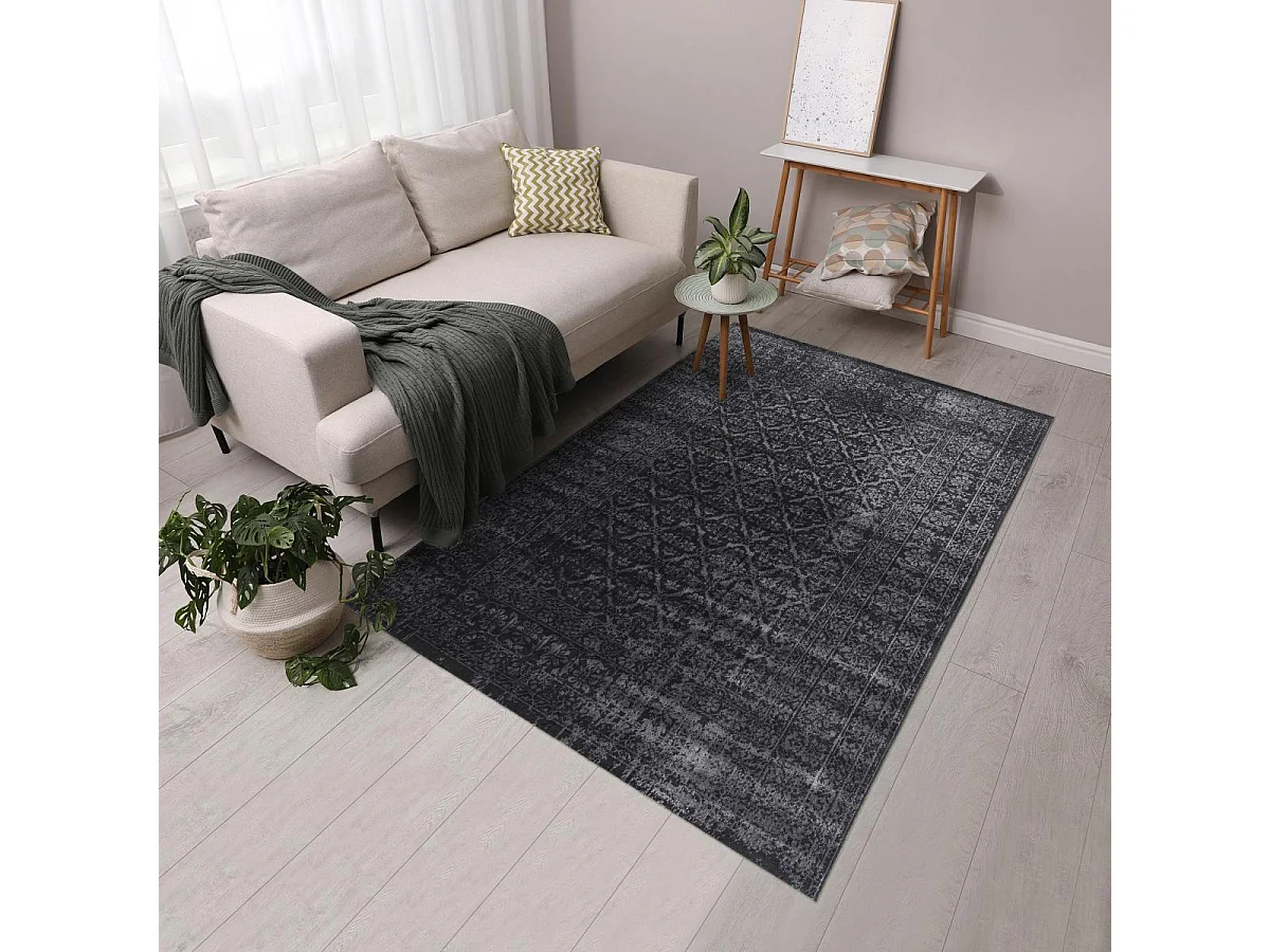 tapis salon 140x200 tissé noir rectangle motif faux uni NITOU 3