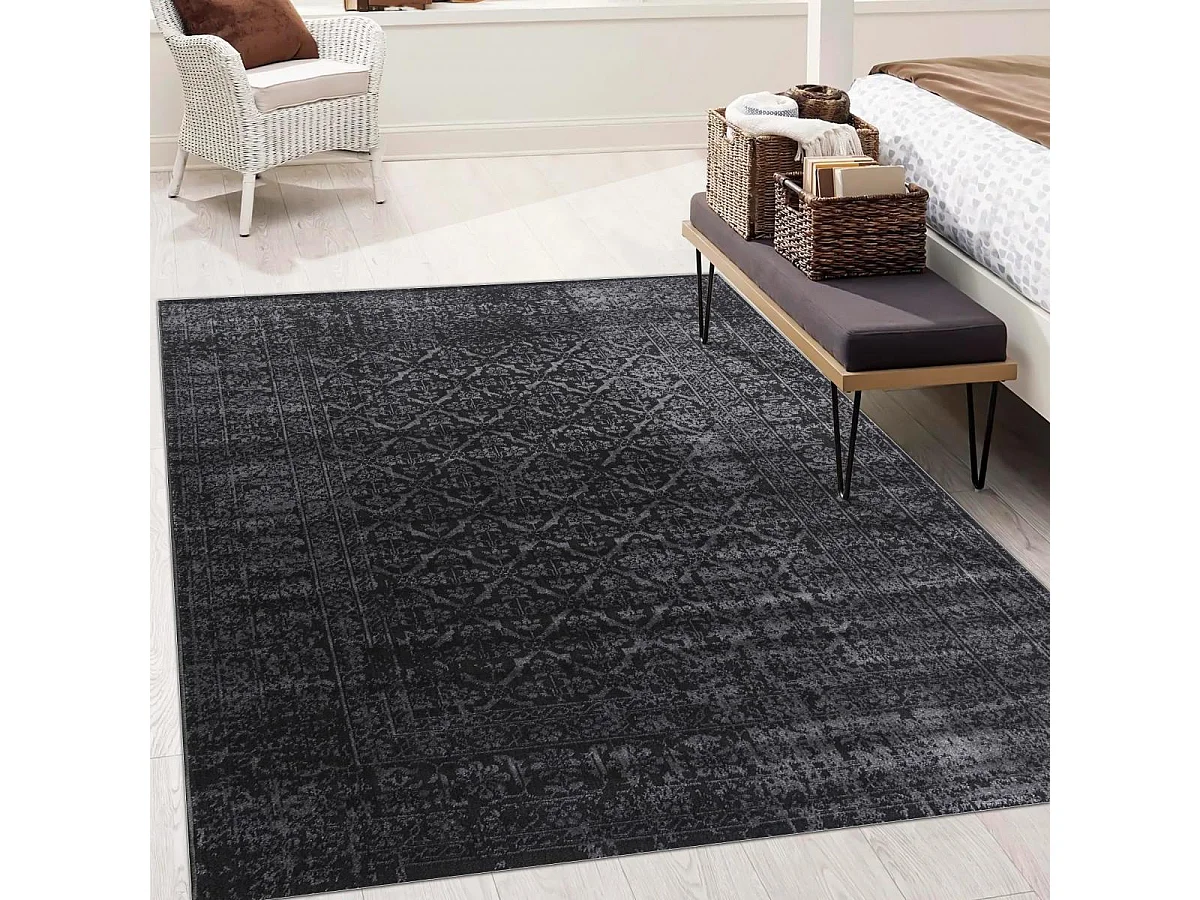 tapis salon 140x200 tissé noir rectangle motif faux uni NITOU 3