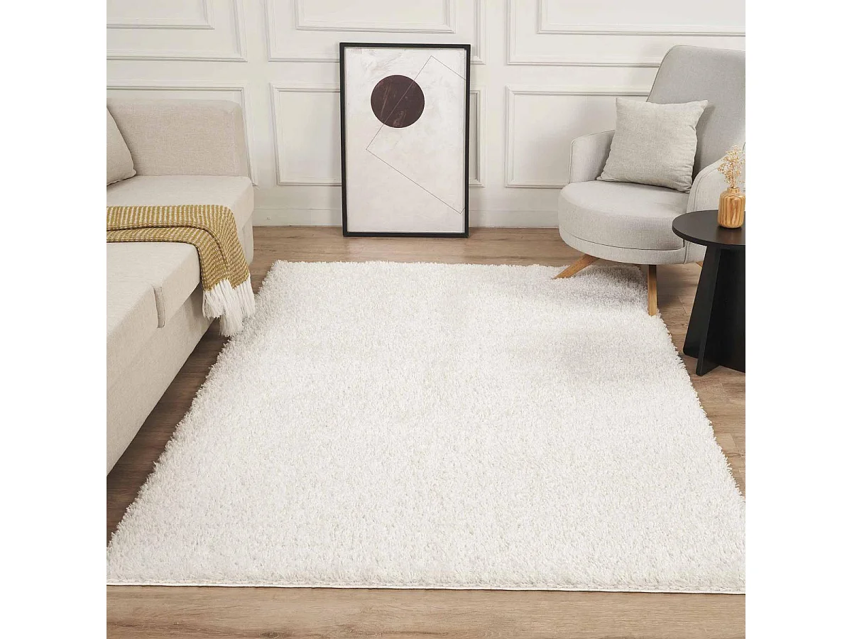 Tapis shaggy Ø200cm rond tissé crème motif uni LYN4 UNILA