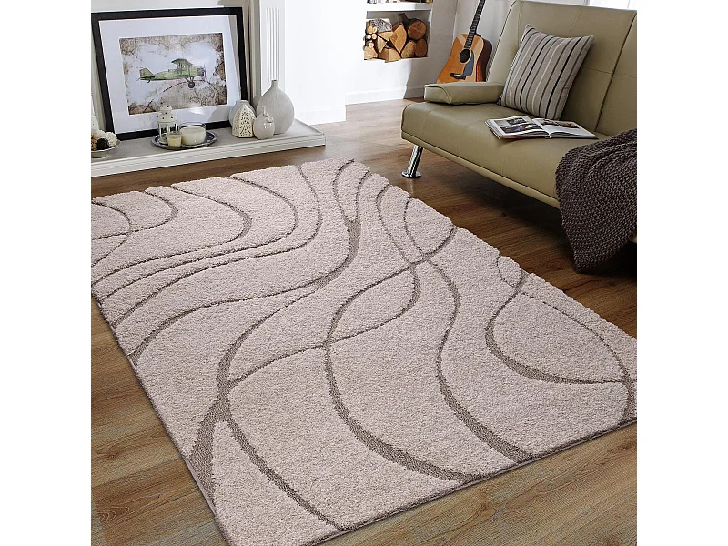 Tapis shaggy 200x280 rectangle tissé beige motif géométrique POUDA