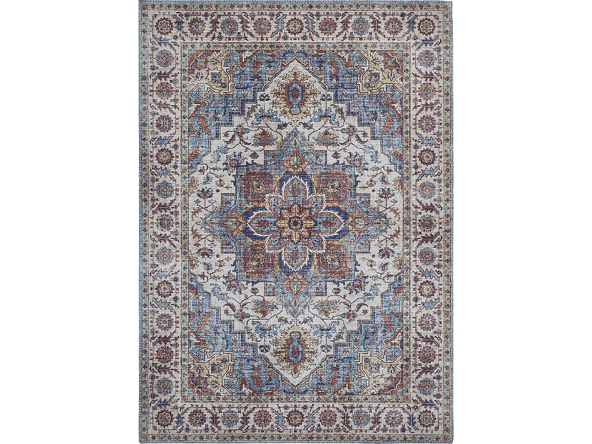 tapis salon 160x230 tissé bleu et blanc rectangle motif oriental NIKEL