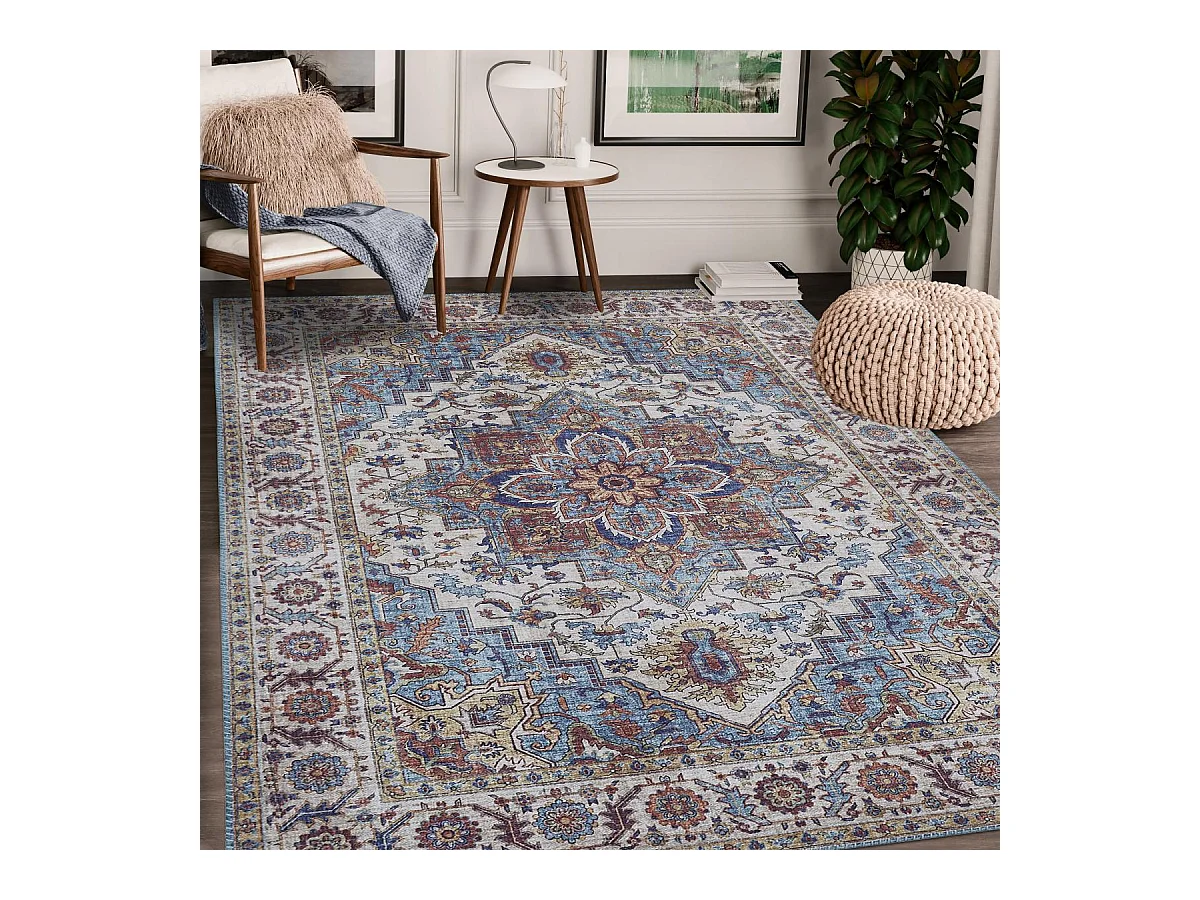 tapis salon 160x230 tissé bleu et blanc rectangle motif oriental NIKEL