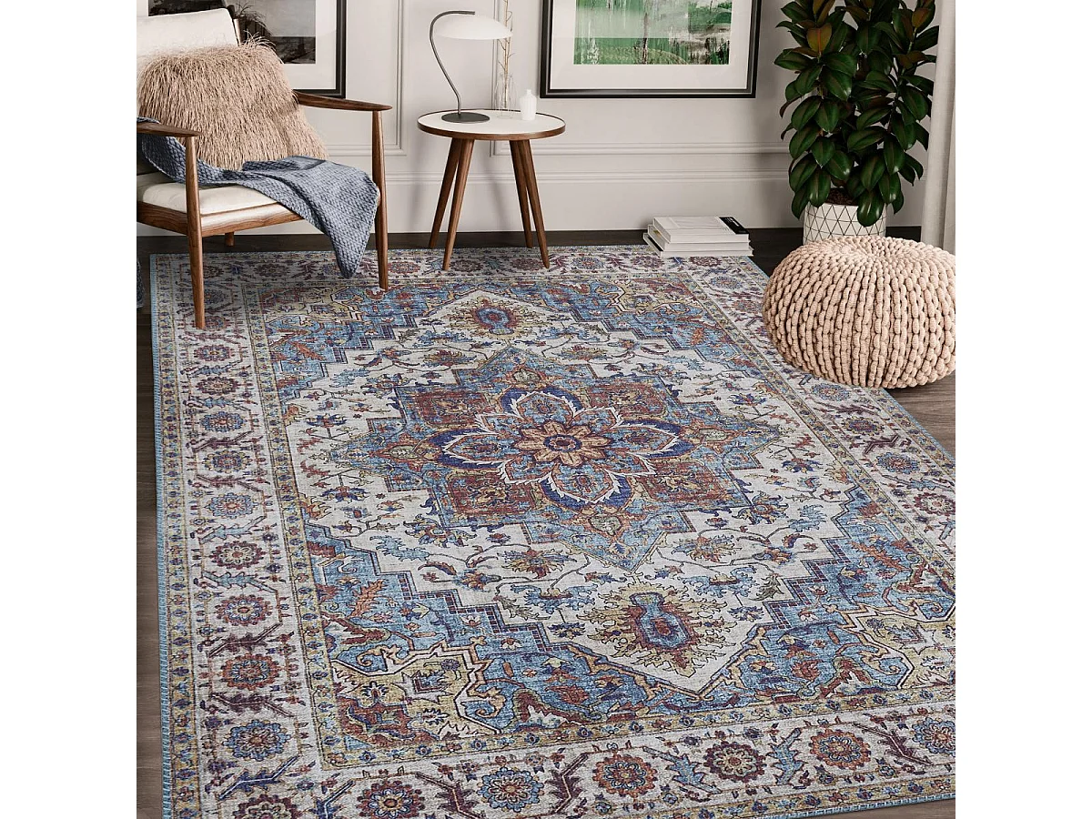 tappeto da soggiorno 160x230 tessuto rettangolare blu e bianco motivo orientale NIKEL