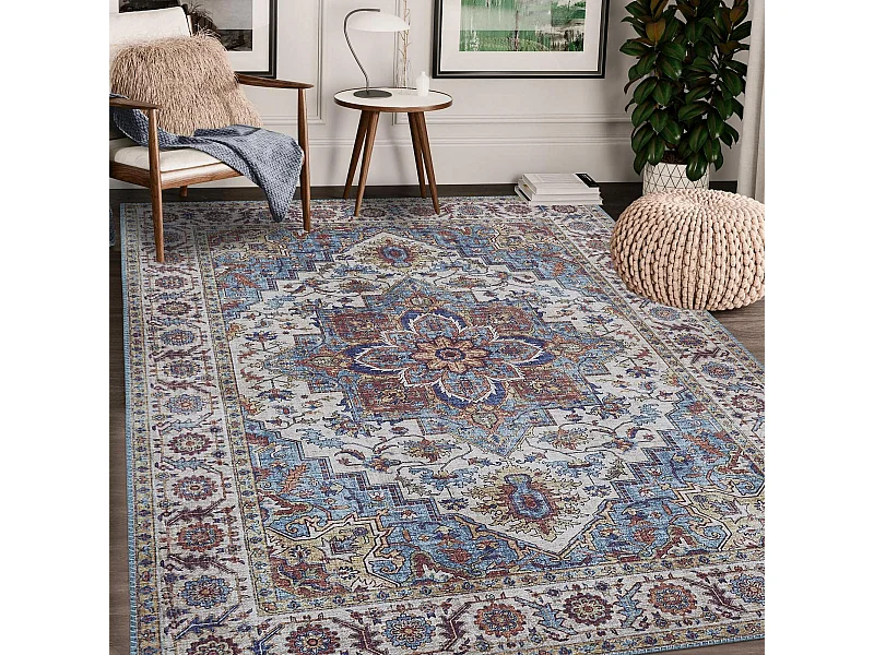 tapis salon 160x230 tissé bleu et blanc rectangle motif oriental NIKEL