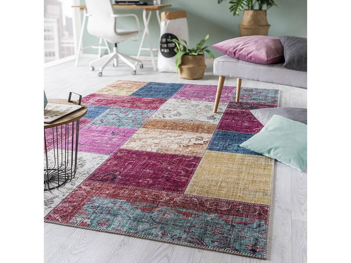 tapis chambre 120x170 tissé rose et jaune rectangle motif géométrique NIKOL