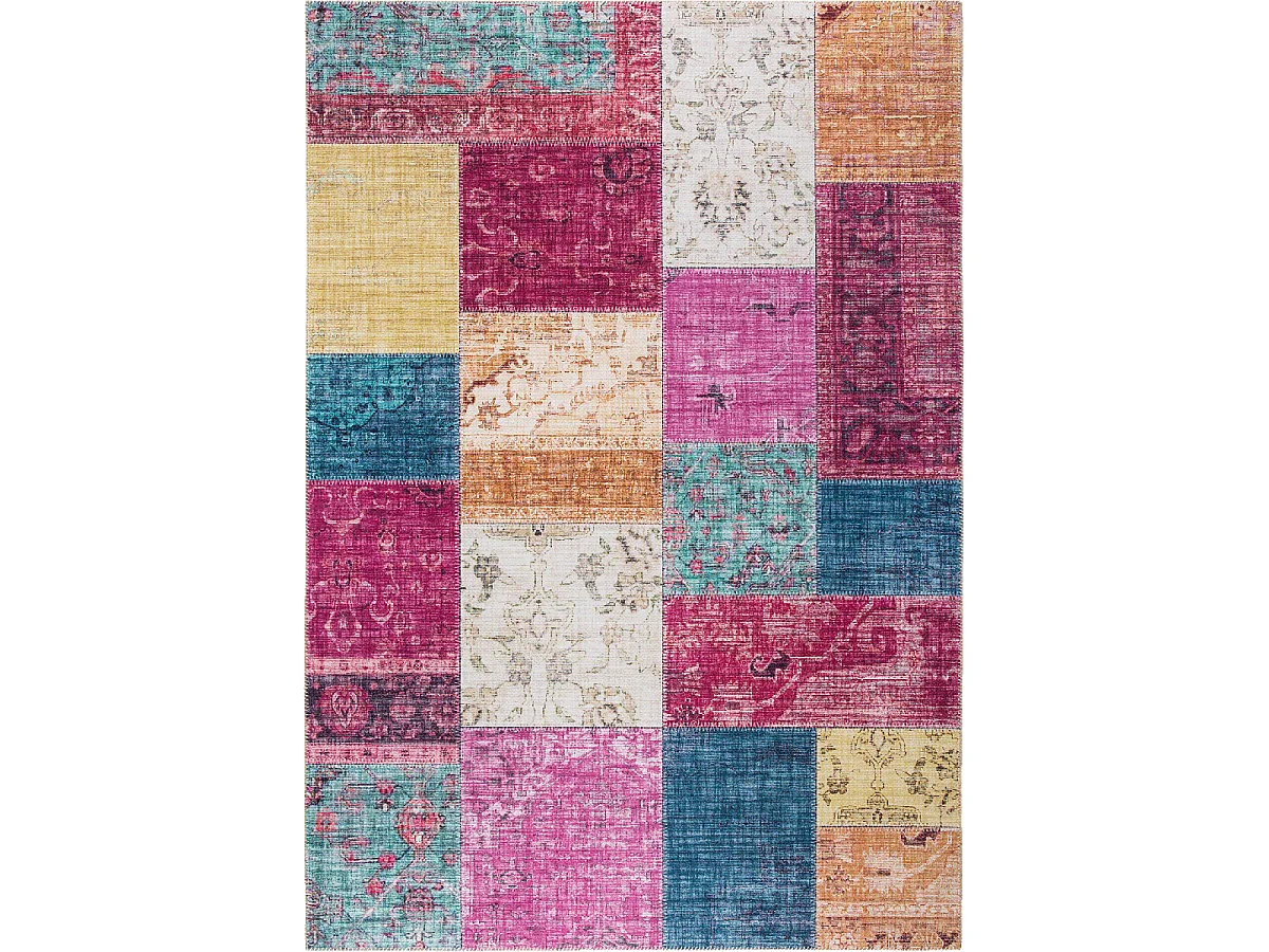 tapis chambre 120x170 tissé rose et jaune rectangle motif géométrique NIKOL