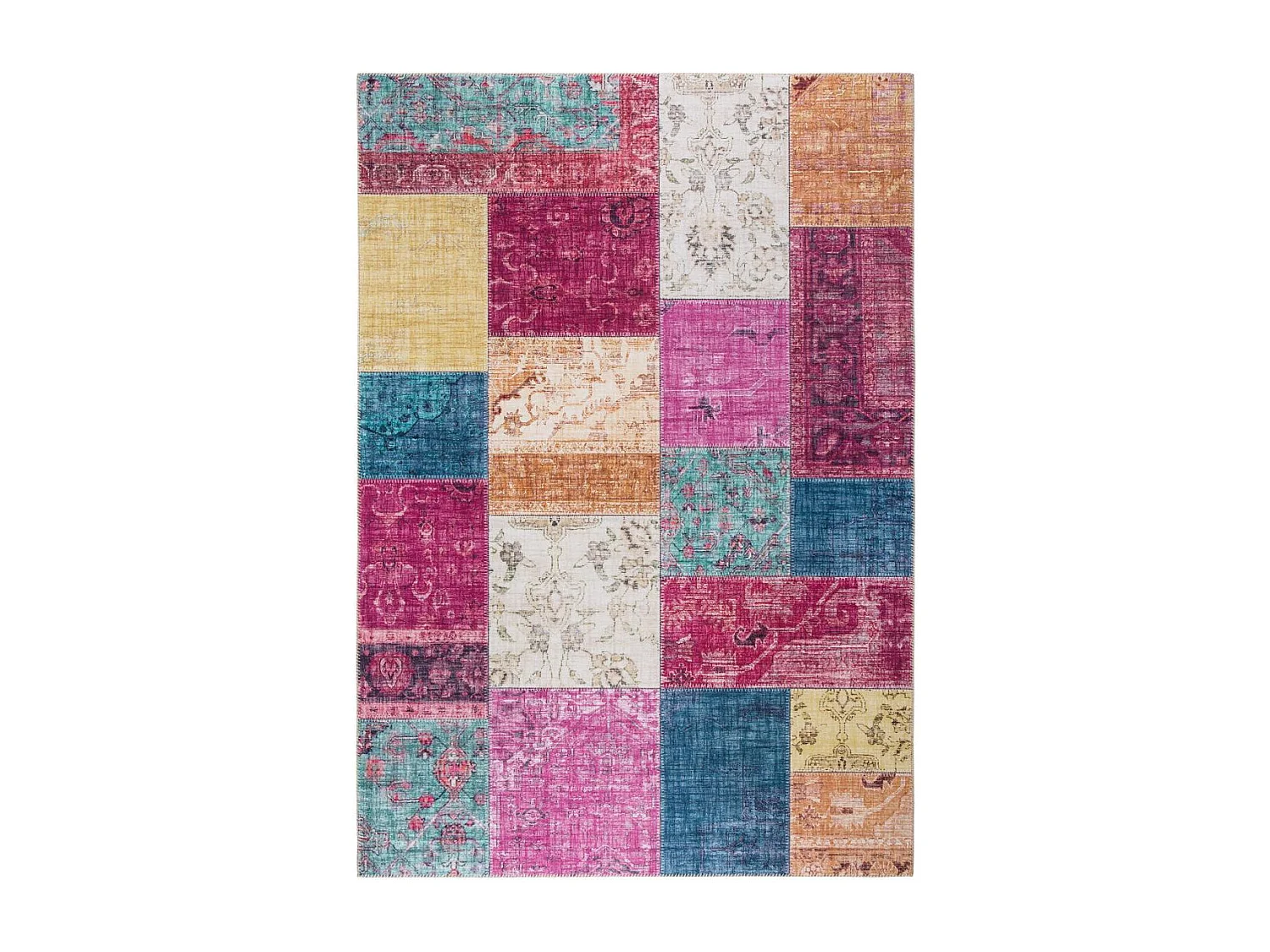 tapis chambre 120x170 tissé rose et jaune rectangle motif géométrique NIKOL