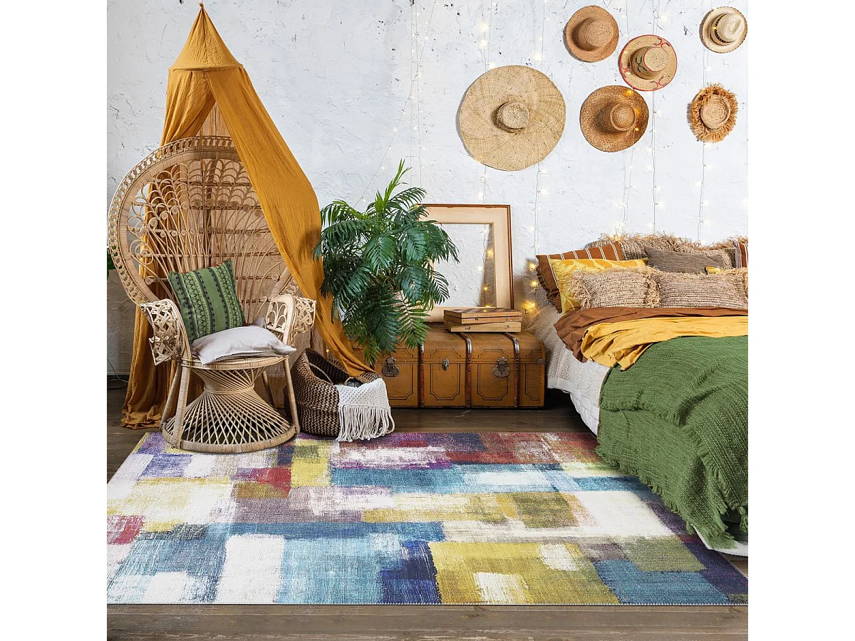 tapis salon 160x230 tissé jaune et bleu rectangle motif faux uni NIKEL