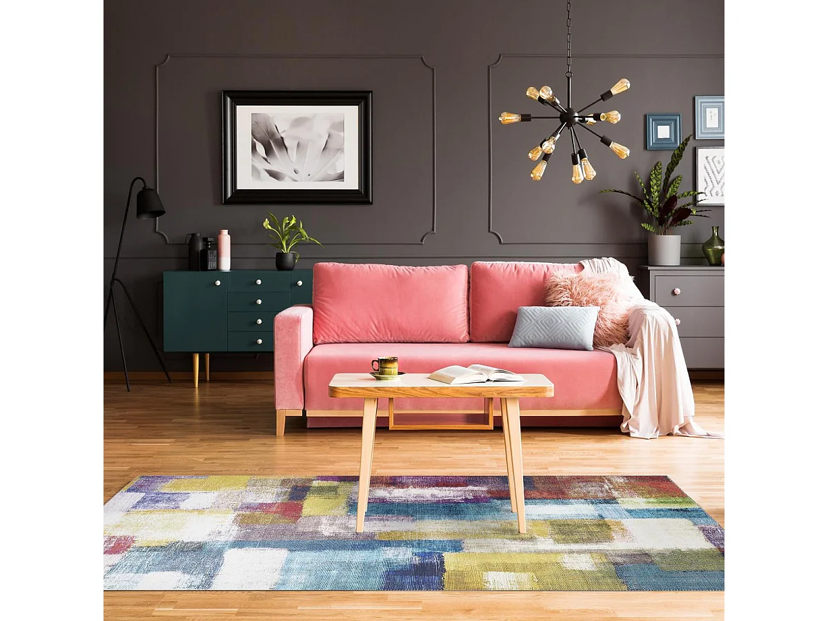 tapis salon 160x230 tissé jaune et bleu rectangle motif faux uni NIKEL