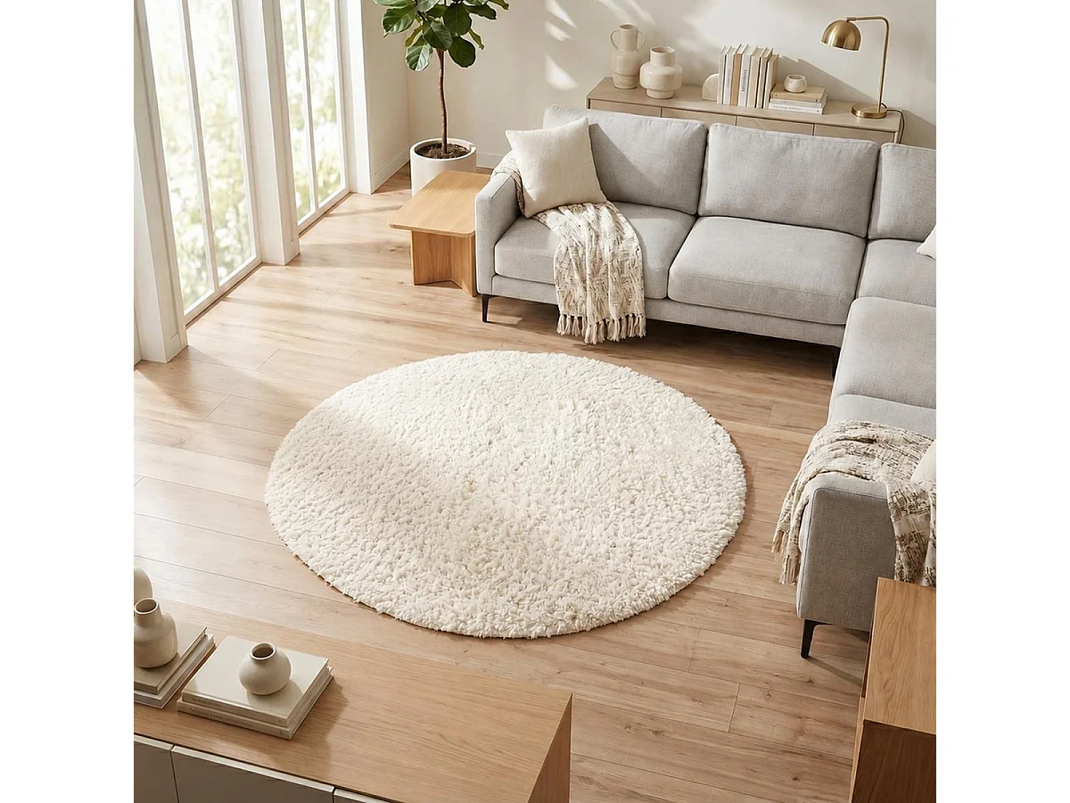 Tappeto Shaggy Ø100cm tessuto rotondo color crema a tinta unita UNILA