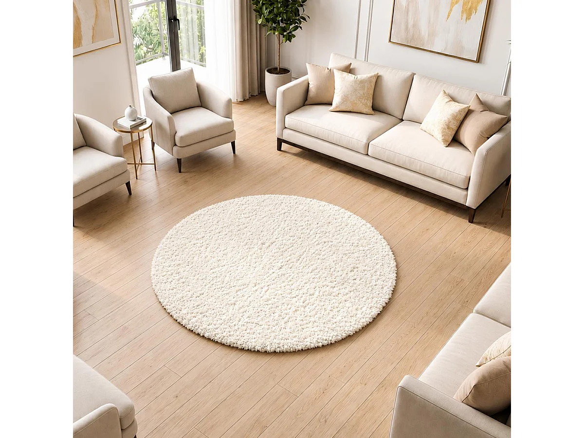 Tappeto Shaggy Ø100cm tessuto rotondo color crema a tinta unita UNILA