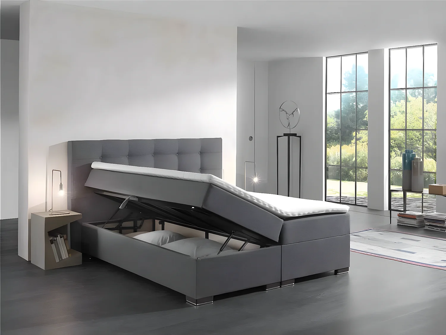 sommier tapissier malaga - 160x200cm - avec surmatelas de 4 cm d'épaisseur - avec matelas fixe - tissu gris