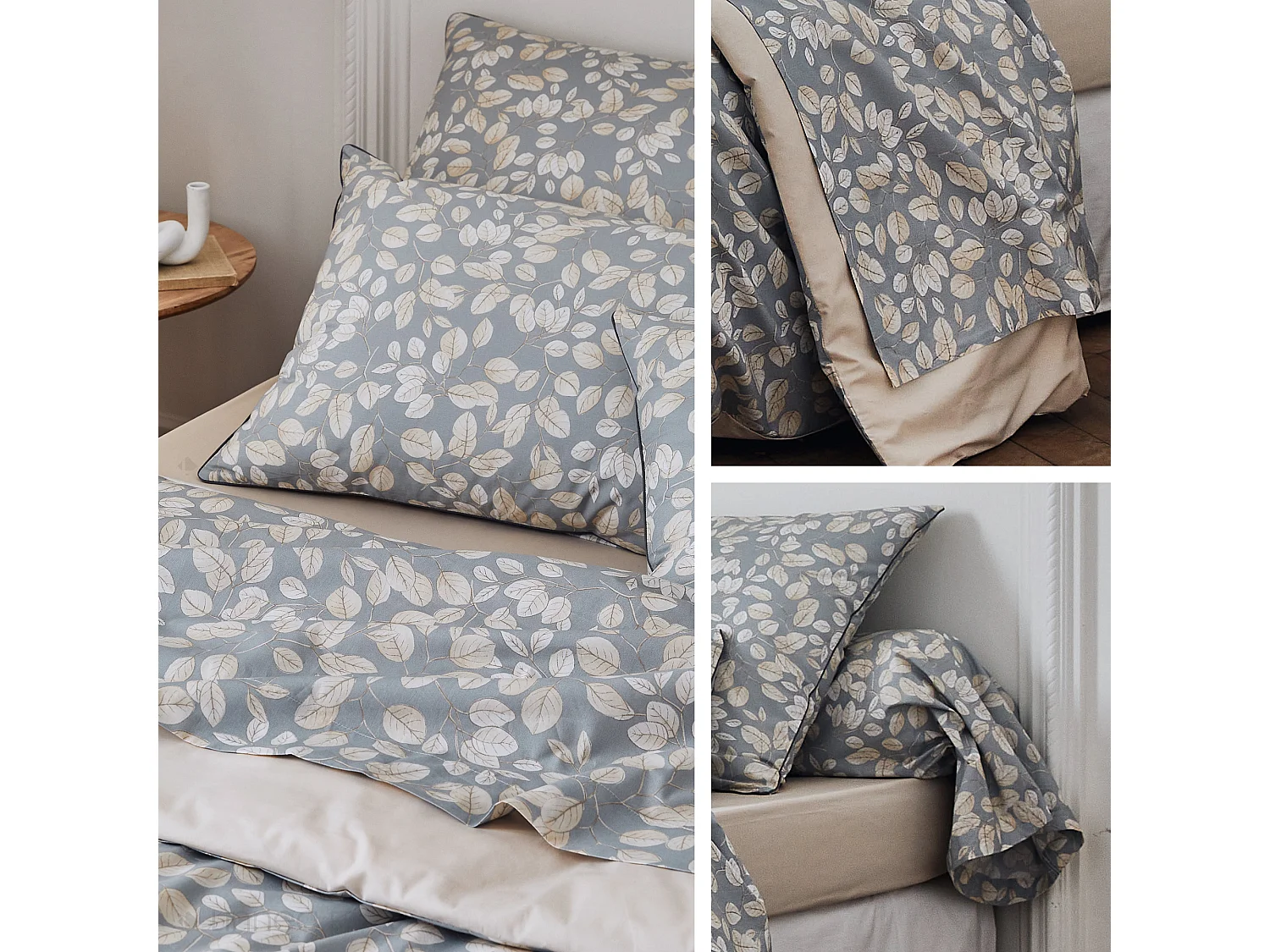 Parure de lit 280x240 cm taies 65x65 cm percale de coton LISON Gris 3 pièces