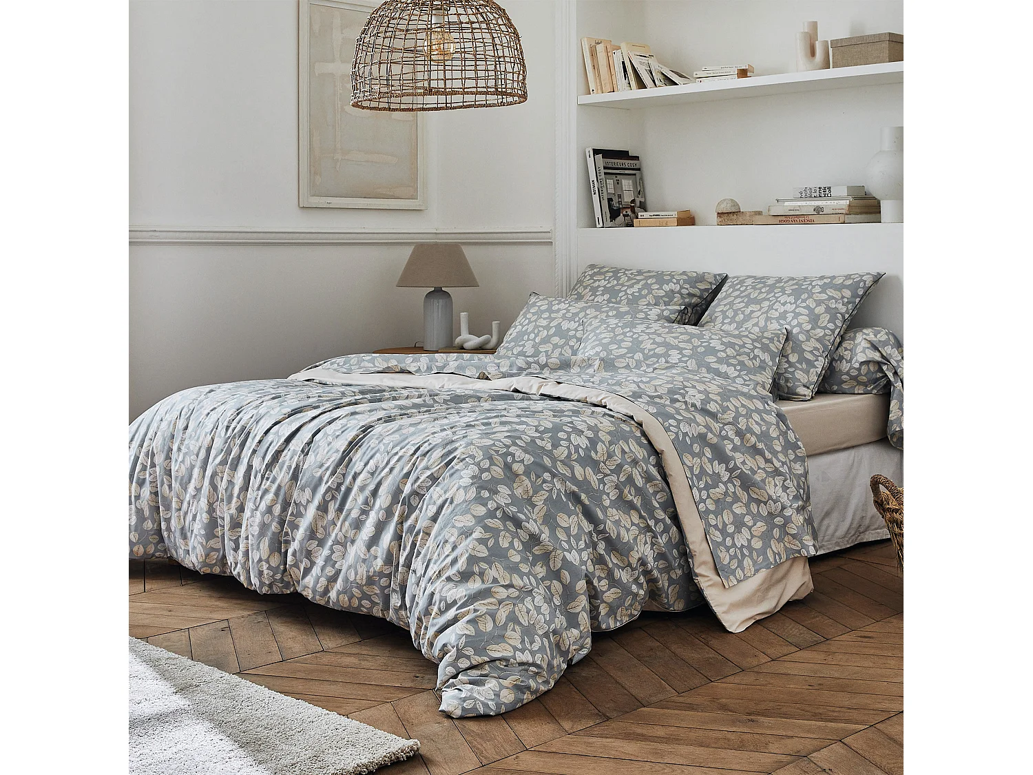 Parure de lit 260x240 cm taies 65x65 cm percale de coton LISON Gris 3 pièces