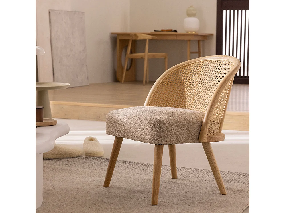 Candice - Fauteuil en tissu bouclette et rotin - Taupe