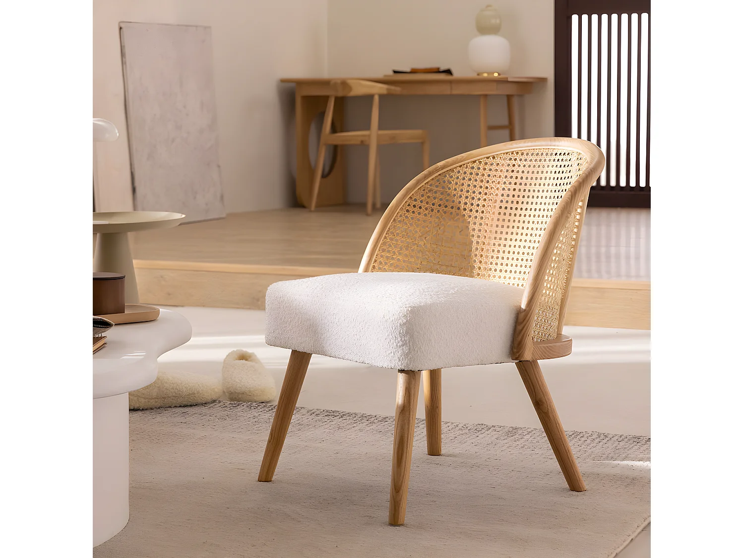 Candice - Fauteuil en tissu bouclette et rotin - Blanc