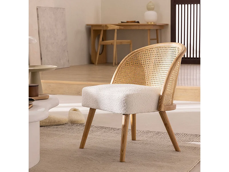 Candice - Fauteuil en tissu bouclette et rotin - Blanc