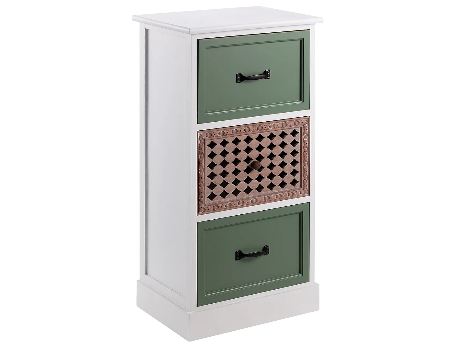 Chiffonnier FIONA petite commode avec 3 tiroirs, style ethnique, en bois de paulownia blanc et vert