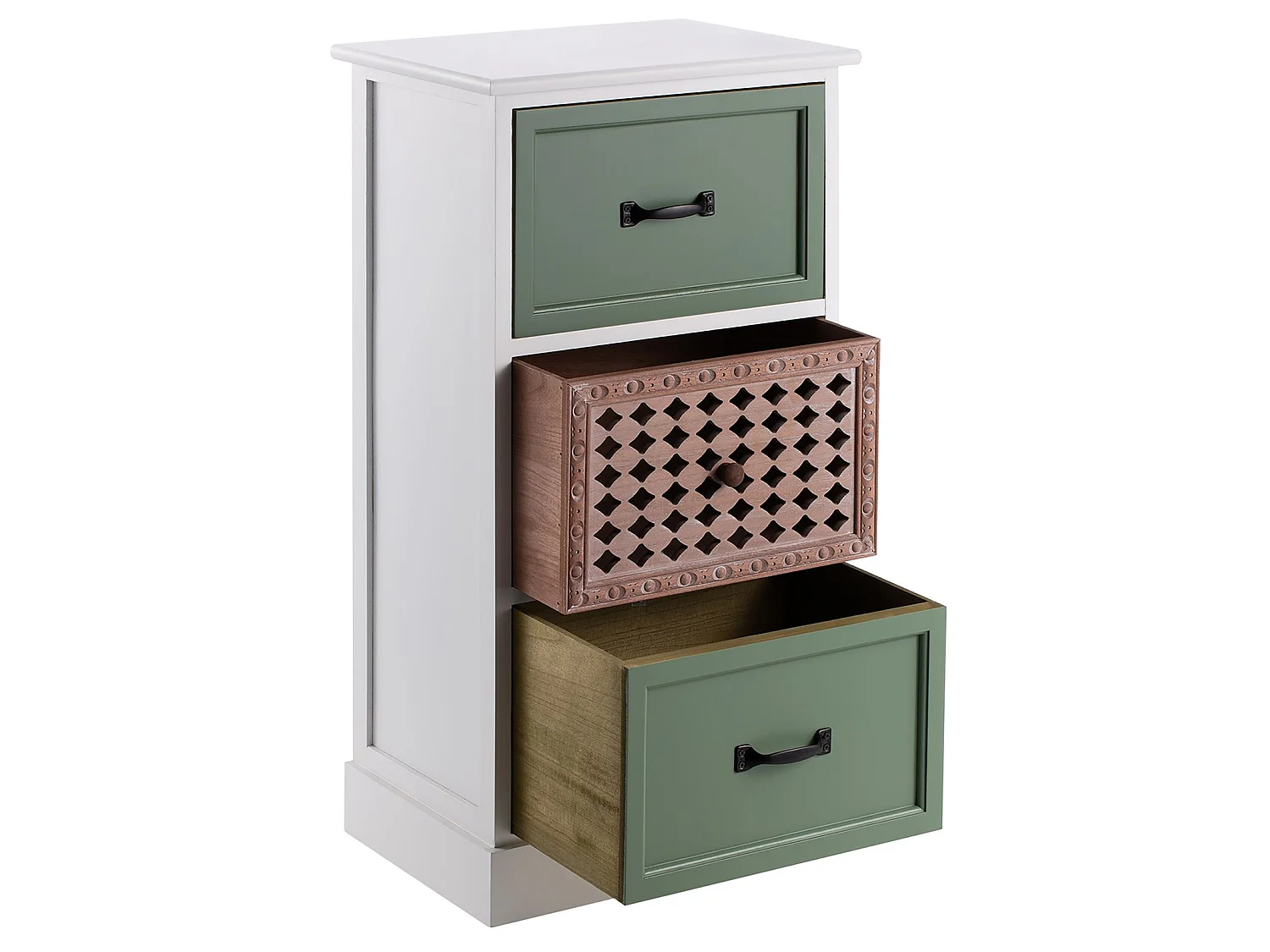 Chiffonnier FIONA petite commode avec 3 tiroirs, style ethnique, en bois de paulownia blanc et vert