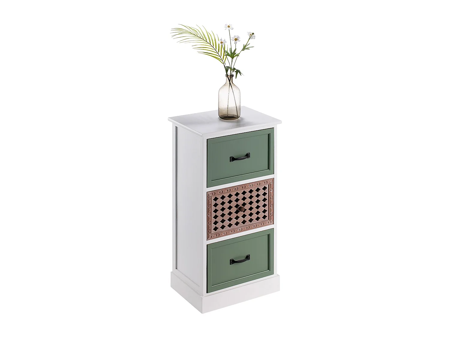 Chiffonnier FIONA petite commode avec 3 tiroirs, style ethnique, en bois de paulownia blanc et vert