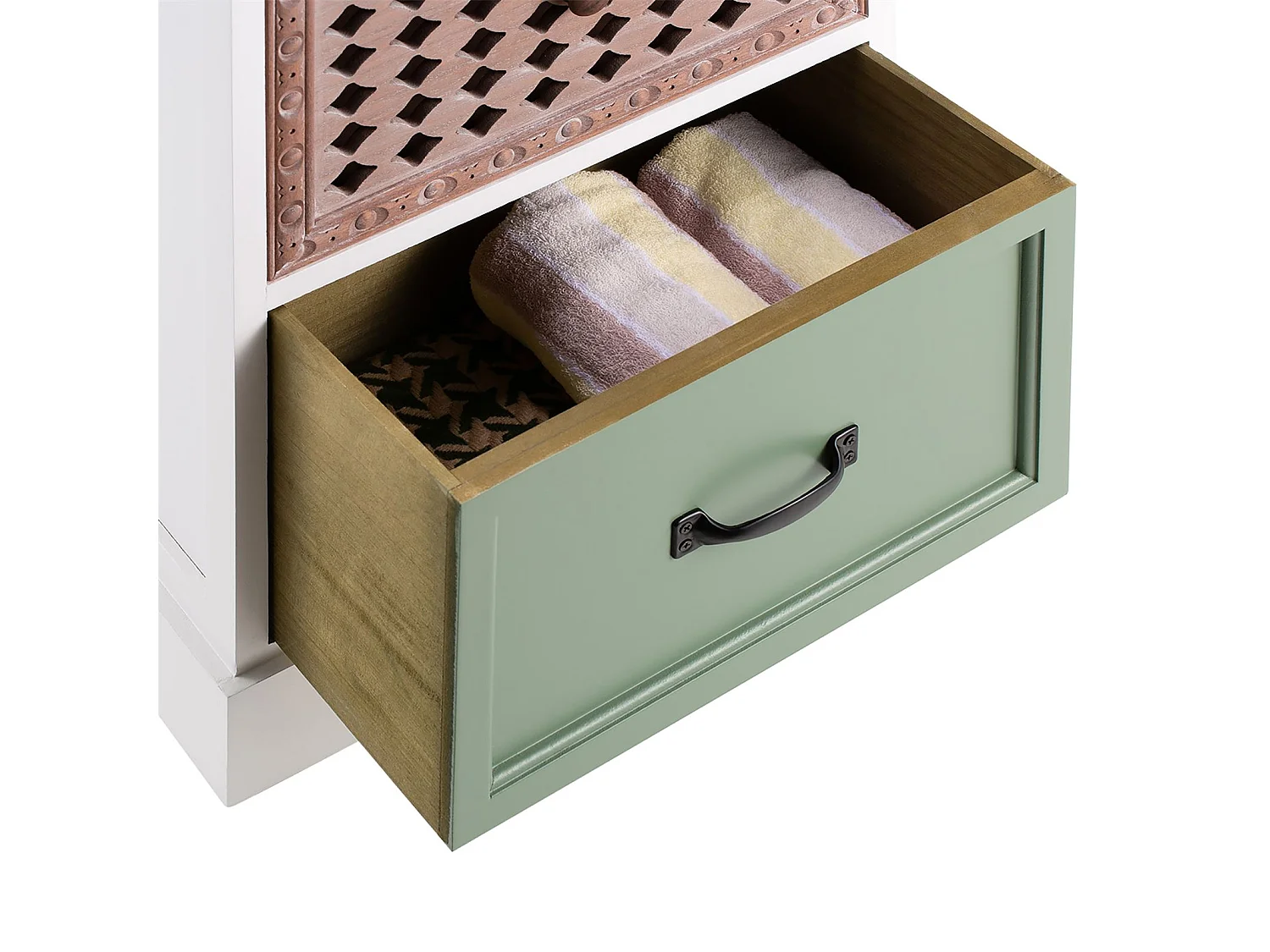 Chiffonnier FIONA petite commode avec 3 tiroirs, style ethnique, en bois de paulownia blanc et vert