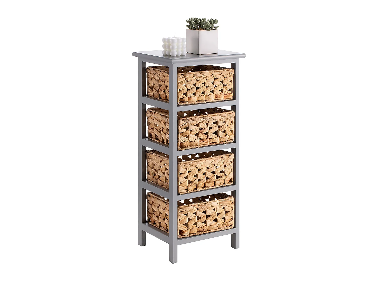 Chiffonnier ARBO petite commode en bois de paulownia gris, avec 4 paniers tressés en jacinthe d'eau, style maison de campagne
