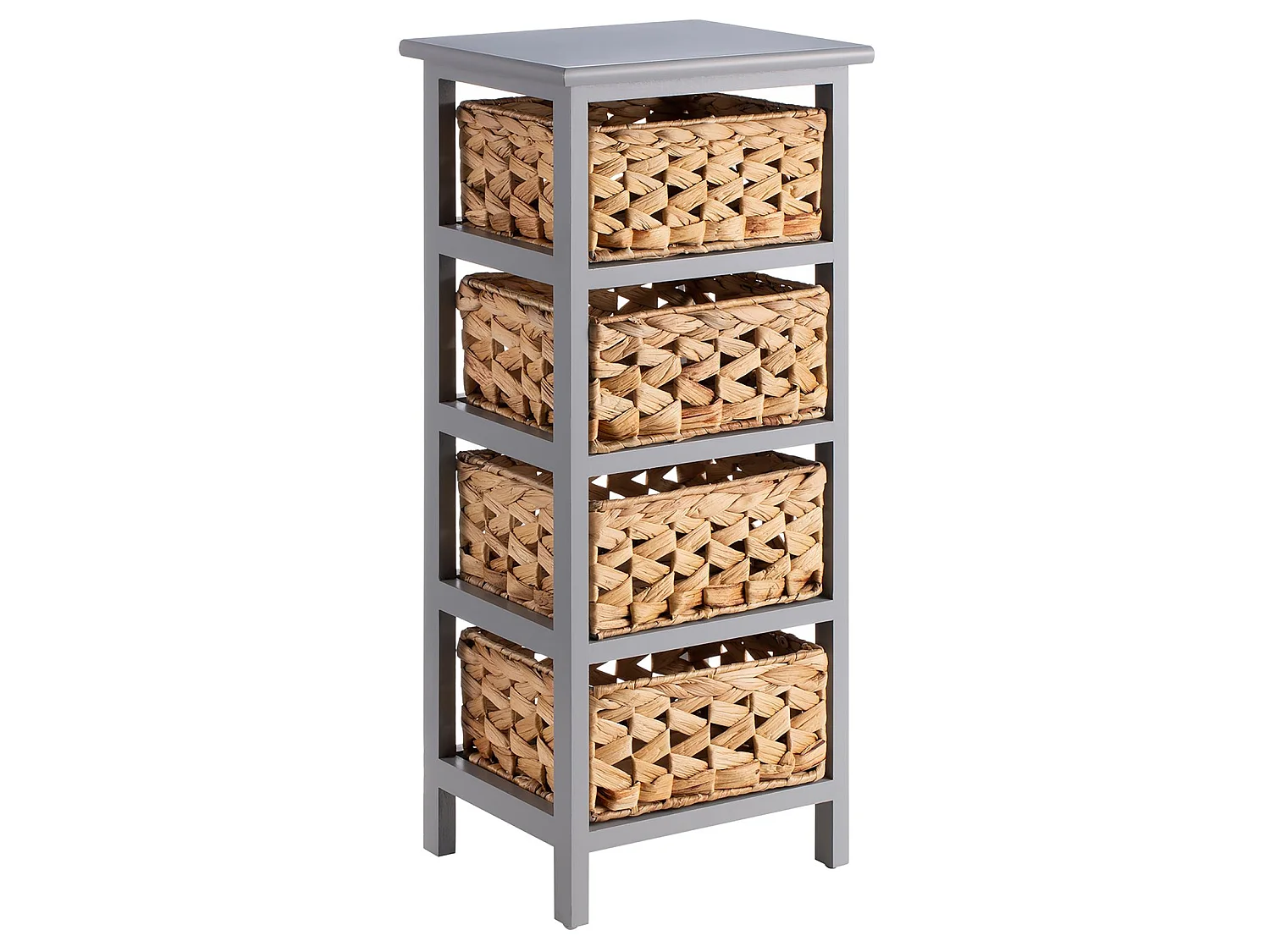 Chiffonnier ARBO petite commode en bois de paulownia gris, avec 4 paniers tressés en jacinthe d'eau, style maison de campagne