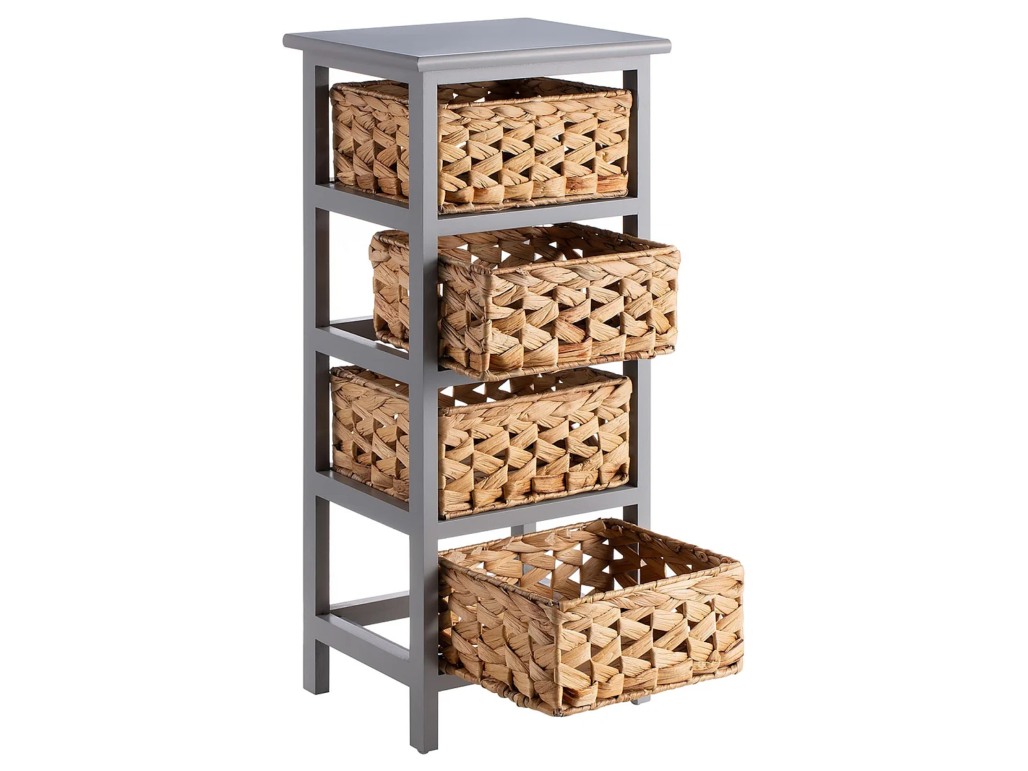 Chiffonnier ARBO petite commode en bois de paulownia gris, avec 4 paniers tressés en jacinthe d'eau, style maison de campagne