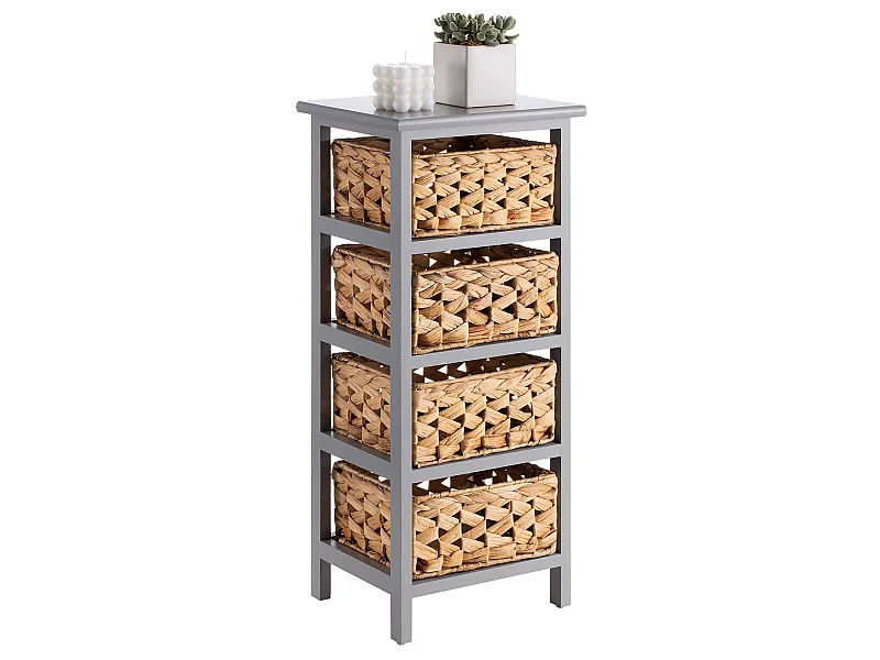 Chiffonnier ARBO petite commode en bois de paulownia gris, avec 4 paniers tressés en jacinthe d'eau, style maison de campagne