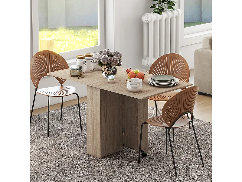 Table à manger pliante mobile sur roulettes avec 2 plateaux rabattables et 2 étagères intégrées - 140 x 80 x 74 cm naturel