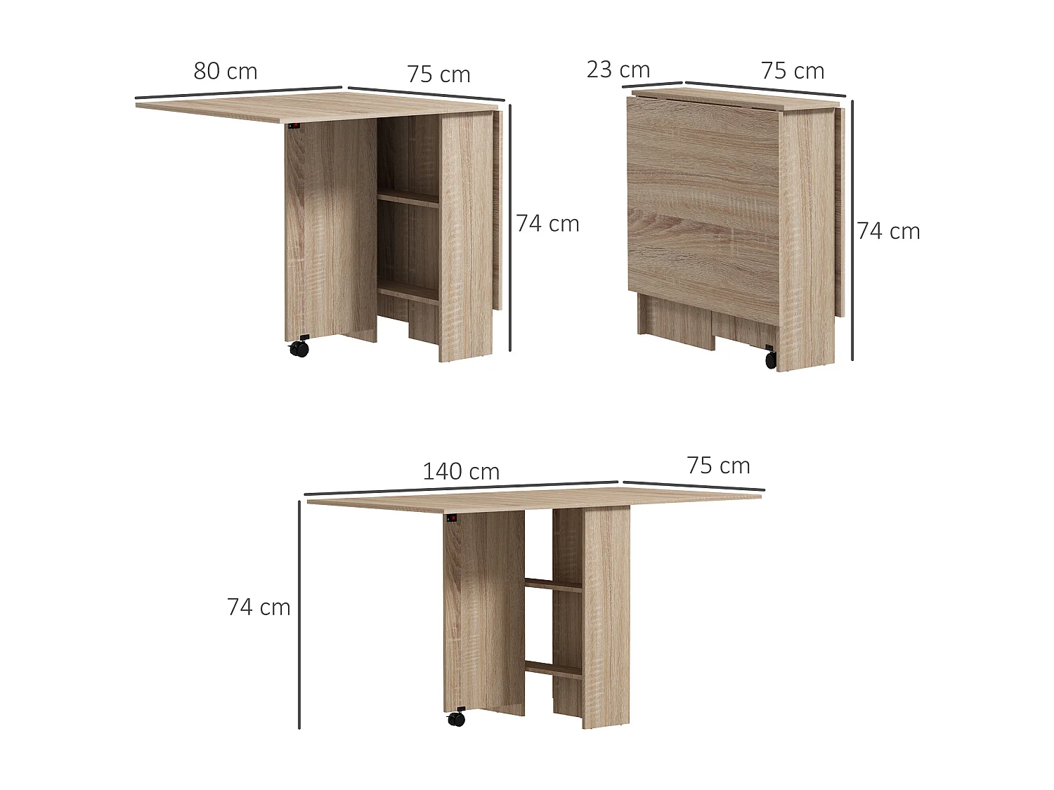 Table à manger pliante mobile sur roulettes avec 2 plateaux rabattables et 2 étagères intégrées - 140 x 80 x 74 cm naturel