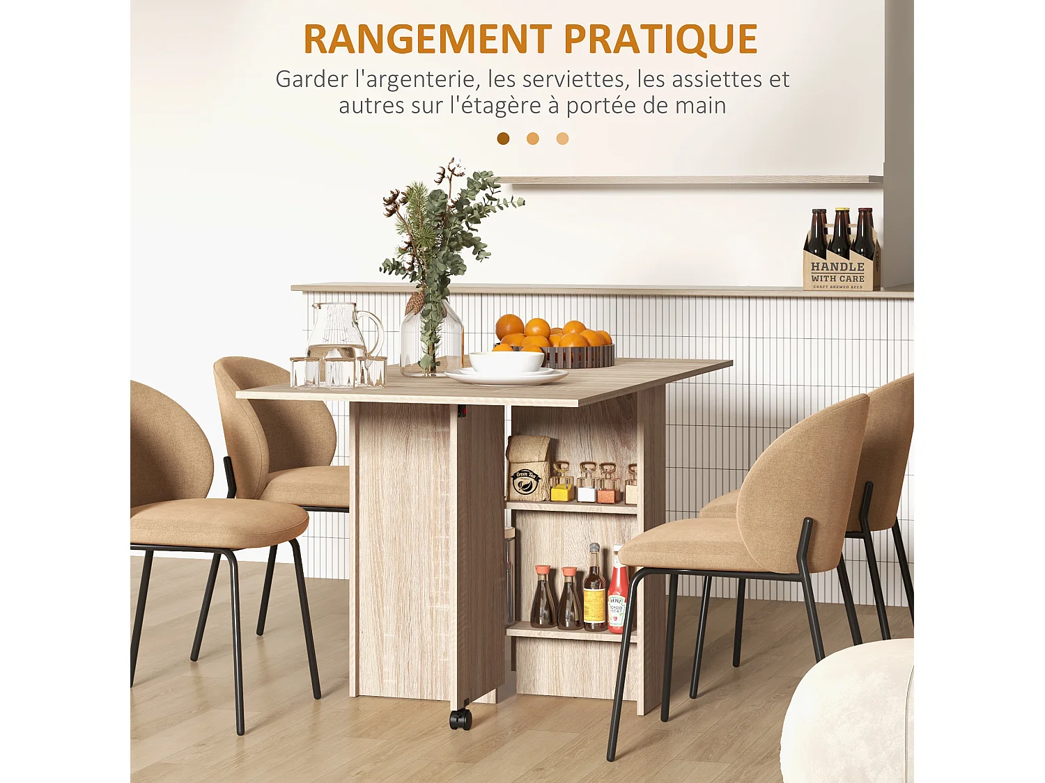 Table à manger pliante mobile sur roulettes avec 2 plateaux rabattables et 2 étagères intégrées - 140 x 80 x 74 cm naturel