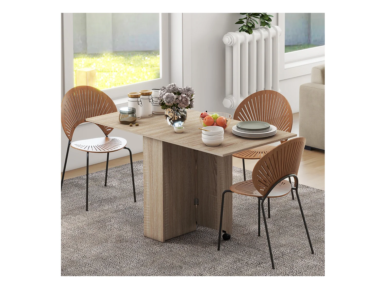 Table à manger pliante mobile sur roulettes avec 2 plateaux rabattables et 2 étagères intégrées - 140 x 80 x 74 cm naturel